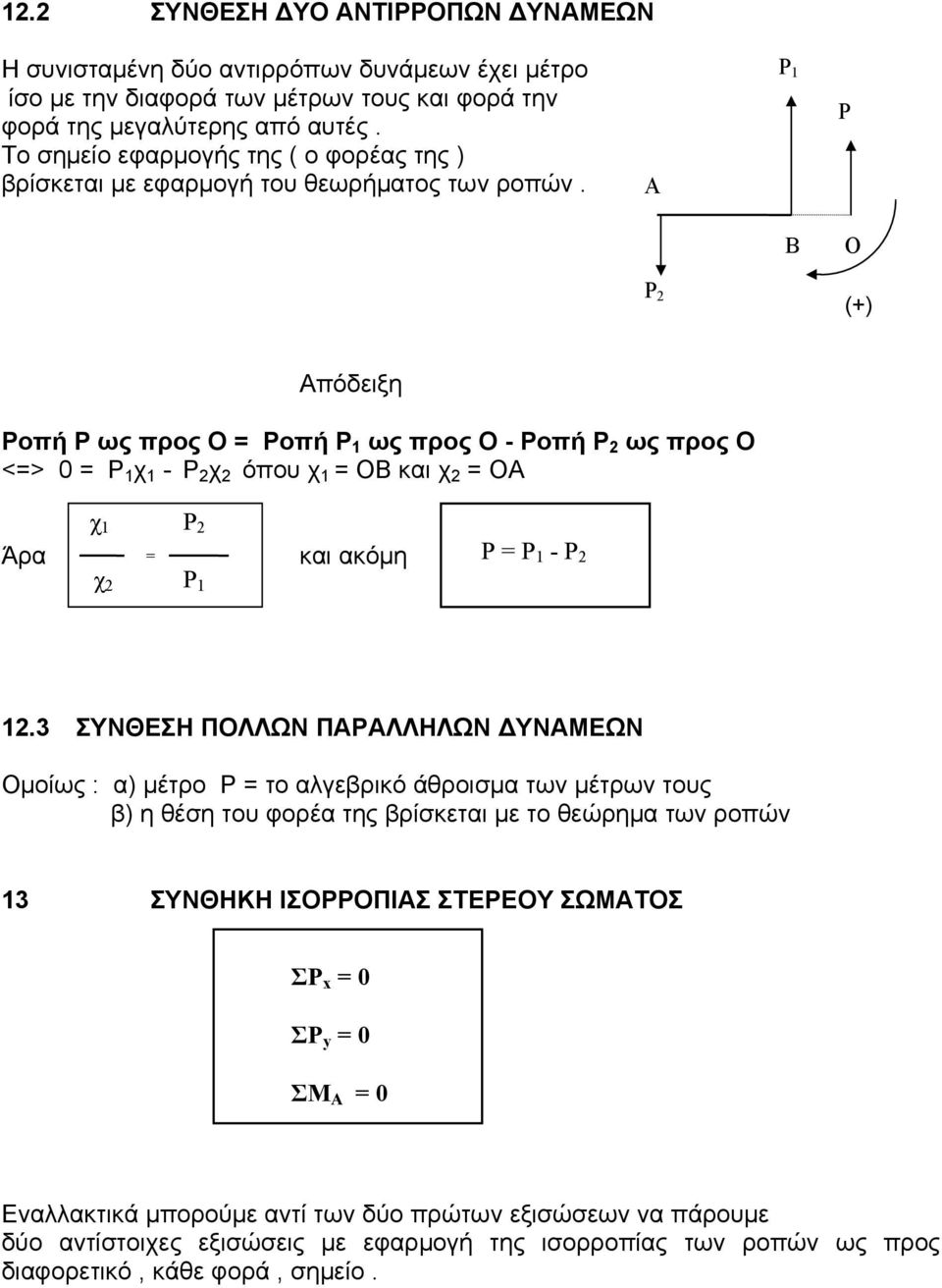 A Ρ B O (+) πόδειξη Ροπή Ρ ως προς Ο = Ροπή ως προς Ο - Ροπή ως προς Ο <=> 0 = χ 1 - χ 2 όπου χ 1 = Ο και χ 2 = Ο Άρα Ρ = Ρ - Ρ = και ακόμη χ 1 χ 2 1 2 12.
