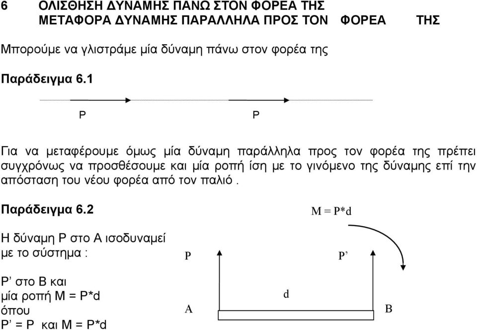 1 P P ια να μεταφέρουμε όμως μία δύναμη παράλληλα προς τον φορέα της πρέπει συγχρόνως να προσθέσουμε και μία