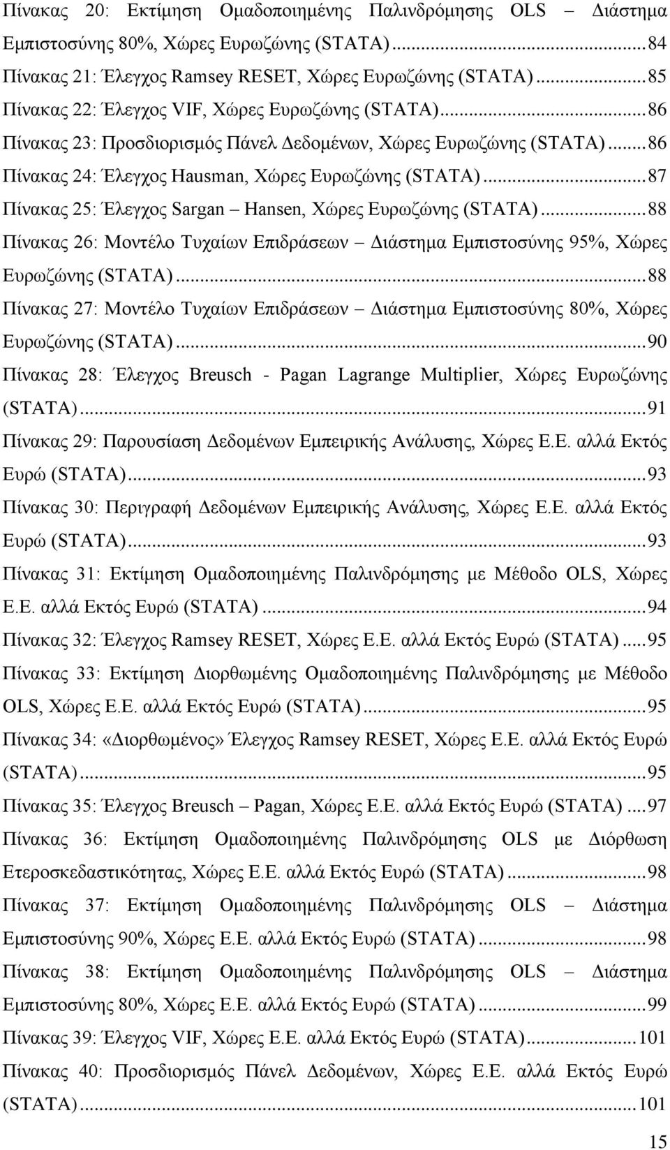 .. 87 Πίνακας 25: Έλεγχος Sargan Hansen, Χώρες Ευρωζώνης (STATA)... 88 Πίνακας 26: Μοντέλο Τυχαίων Επιδράσεων Διάστημα Εμπιστοσύνης 95%, Χώρες Ευρωζώνης (STATA).