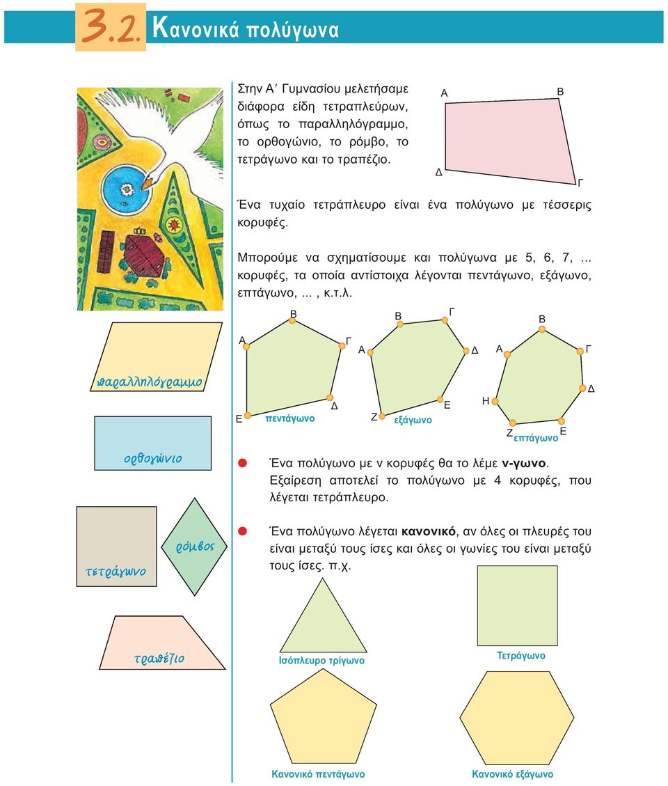 τ.λ. apple Ú ÏÏËÏfiÁÚ ÌÌÔ ÔÚıÔÁÒÓÈÔ Ε πεντάγωνο Ζ εξάγωνο Ζ Ε επτάγωνο Ένα πολύγωνο με ν κορυές θα το λέμε ν-γωνο. Εξαίρεση αποτελεί το πολύγωνο με 4 κορυές, που λέγεται τετράπλευρο.
