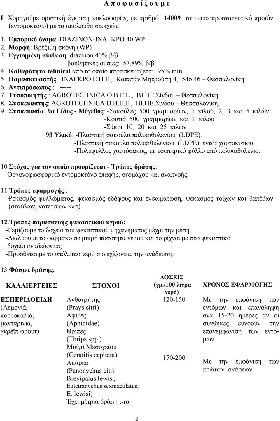 6. Αντιπρόσωπος : ----- 7. Τυποποιητής : AGROTECHNICA O.B.E.E., ΒΙ.ΠΕ.Σίνδου Θεσσαλονίκη. 8. Συσκευαστής: AGROTECHNICA O.B.E.E., ΒΙ.ΠΕ.Σίνδου Θεσσαλονίκη. 9.