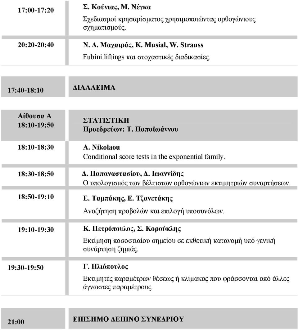 Ιωαννίδης Ο υπολογισμός των βέλτιστων ορθογώνιων εκτιμητριών συναρτήσεων. 18:50-19:10 Ε. Ταμπάκης, Ε. Τζανετάκης Αναζήτηση προβολών και επιλογή υποσυνόλων. 19:10-19:30 Κ. Πετρόπουλος, Σ.