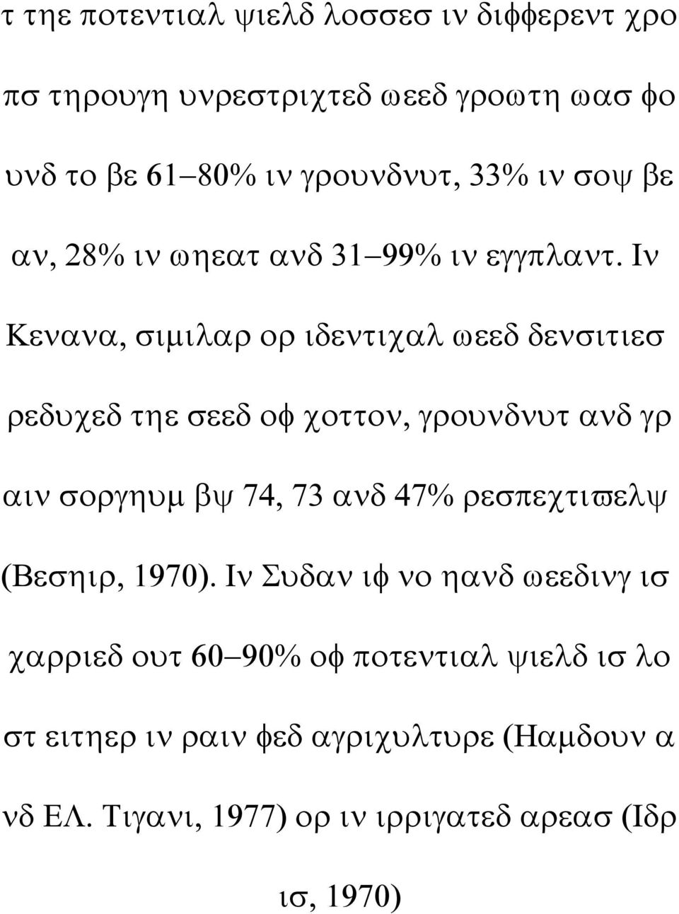 Ιν Κενανα, σιµιλαρ ορ ιδεντιχαλ ωεεδ δενσιτιεσ ρεδυχεδ τηε σεεδ οφ χοττον, γρουνδνυτ ανδ γρ αιν σοργηυµ βψ 74, 73 ανδ 47%