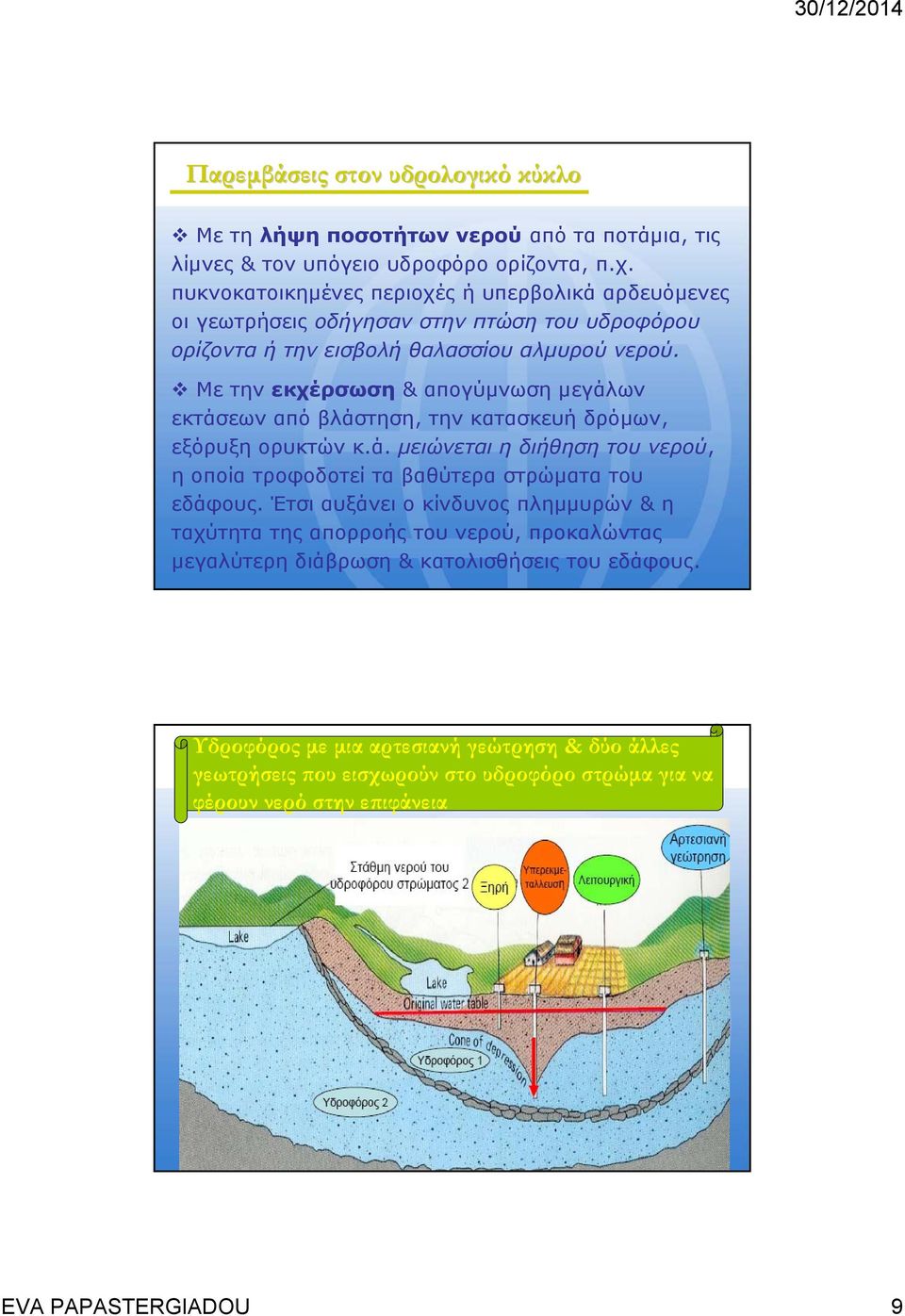 Με την εκχέρσωση & απογύμνωση μεγάλων εκτάσεων από βλάστηση, την κατασκευή δρόμων, εξόρυξη ορυκτών κ.ά. μειώνεται η διήθηση του νερού, η οποία τροφοδοτεί τα βαθύτερα στρώματα του εδάφους.