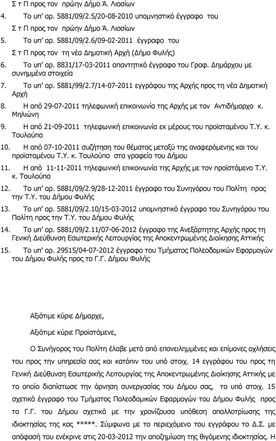 Η από 29-07-2011 τηλεφωνική επικοινωνία της Αρχής µε τον Αντιδήµαρχο κ. Μηλιώνη 9. Η από 21-09-2011 τηλεφωνική επικοινωνία εκ µέρους του προϊσταµένου Τ.Υ. κ. Τουλούπα 10.