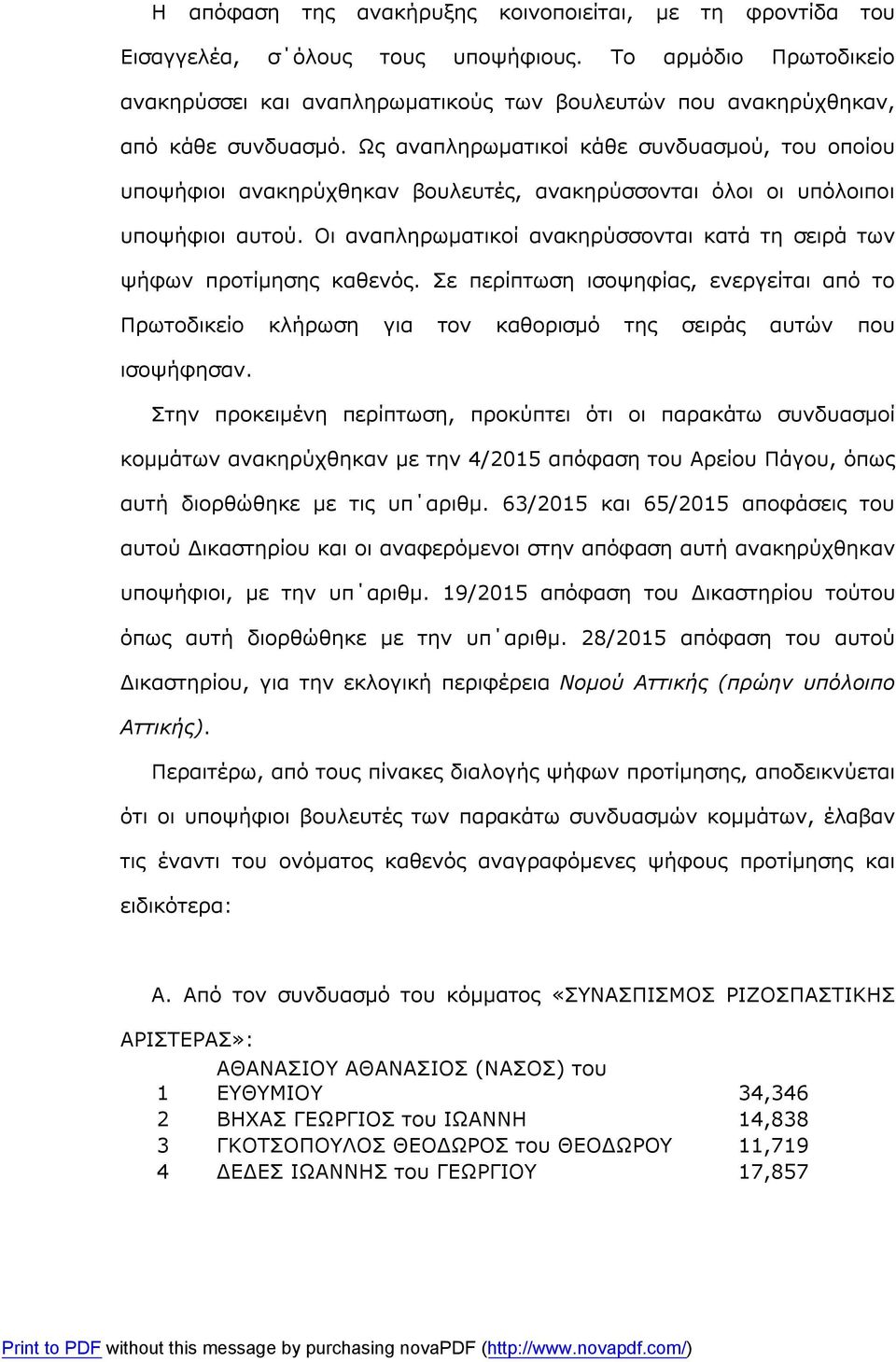 Ως αναπληρωματικοί κάθε συνδυασμού, του οποίου υποψήφιοι ανακηρύχθηκαν βουλευτές, ανακηρύσσονται όλοι οι υπόλοιποι υποψήφιοι αυτού.