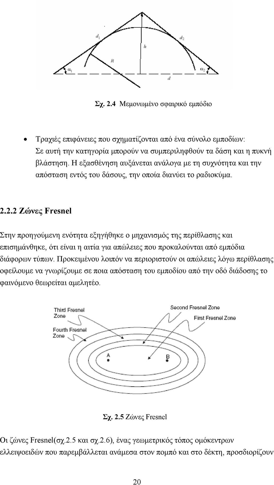 2.2 Ζώνες Fresnel Στην προηγούμενη ενότητα εξηγήθηκε ο μηχανισμός της περίθλασης και επισημάνθηκε, ότι είναι η αιτία για απώλειες που προκαλούνται από εμπόδια διάφορων τύπων.