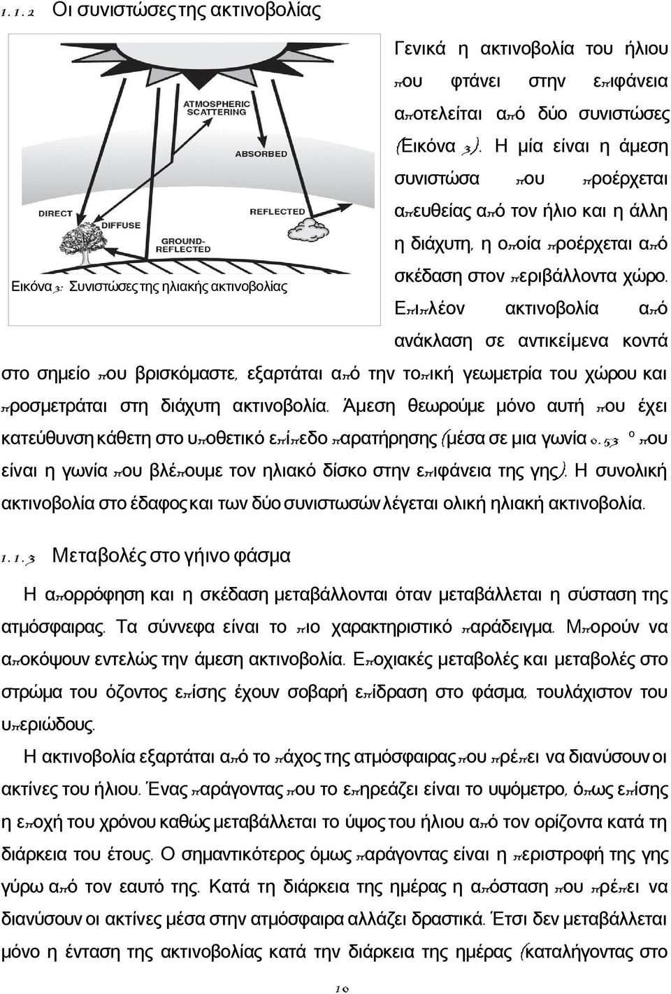 Εικόνα 3: Συνιστώσες της ηλιακής ακτινοβολίας Επιπλέον ακτινοβολία από ανάκλαση σε αντικείμενα κοντά στο σημείο που βρισκόμαστε, εξαρτάται από την τοπική γεωμετρία του χώρου και προσμετράται στη