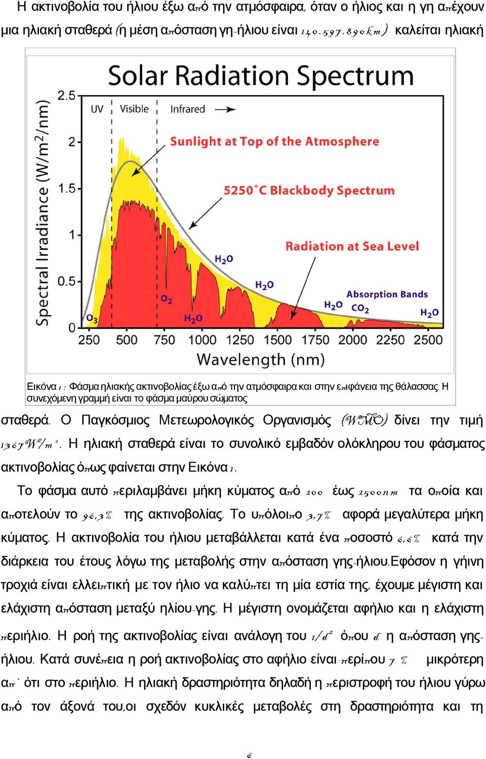 Ο Παγκόσμιος Μετεωρολογικός Οργανισμός (WMO) δίνει την τιμή 13 6 7W/m 2. Η ηλιακή σταθερά είναι το συνολικό εμβαδόν ολόκληρου του φάσματος ακτινοβολίας όπως φαίνεται στην Εικόνα 1.