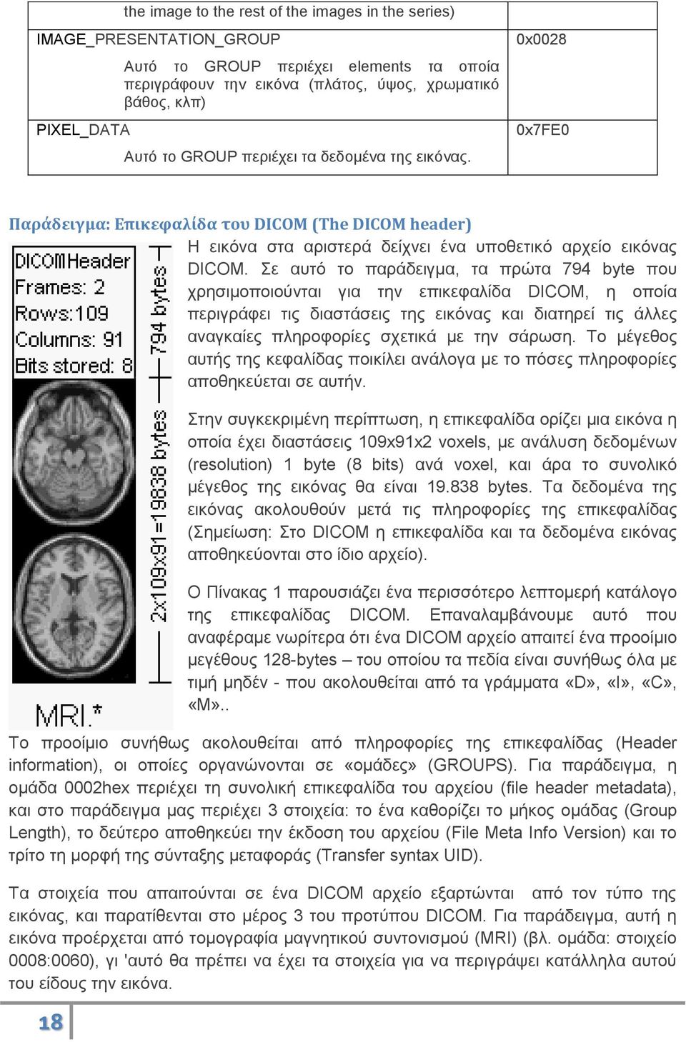 Σε αυτό το παράδειγμα, τα πρώτα 794 byte που χρησιμοποιούνται για την επικεφαλίδα DICOM, η οποία περιγράφει τις διαστάσεις της εικόνας και διατηρεί τις άλλες αναγκαίες πληροφορίες σχετικά με την