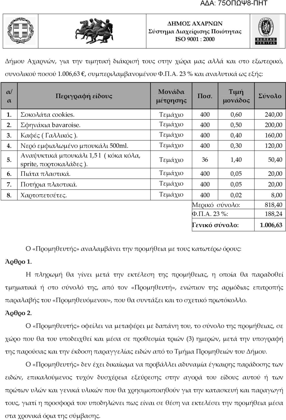 Τεμάχιο 400 0,30 120,00 5. Αναψυκτικά μπουκάλι 1,5 l ( κόκα κόλα, sprite, πορτοκαλάδες ). Τεμάχιο 36 1,40 50,40 6. Πιάτα πλαστικά. Τεμάχιο 400 0,05 20,00 7. Ποτήρια πλαστικά. Τεμάχιο 400 0,05 20,00 8.