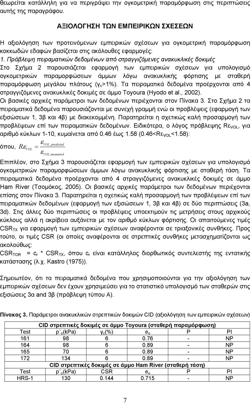 Πρόβλεψη πειραματικών δεδομένων από στραγγιζόμενες ανακυκλικές δοκιμές Στο Σχήμα 2 παρουσιάζεται εφαρμογή των εμπειρικών σχέσεων για υπολογισμό ογκομετρικών παραμορφώσεων άμμων λόγω ανακυκλικής