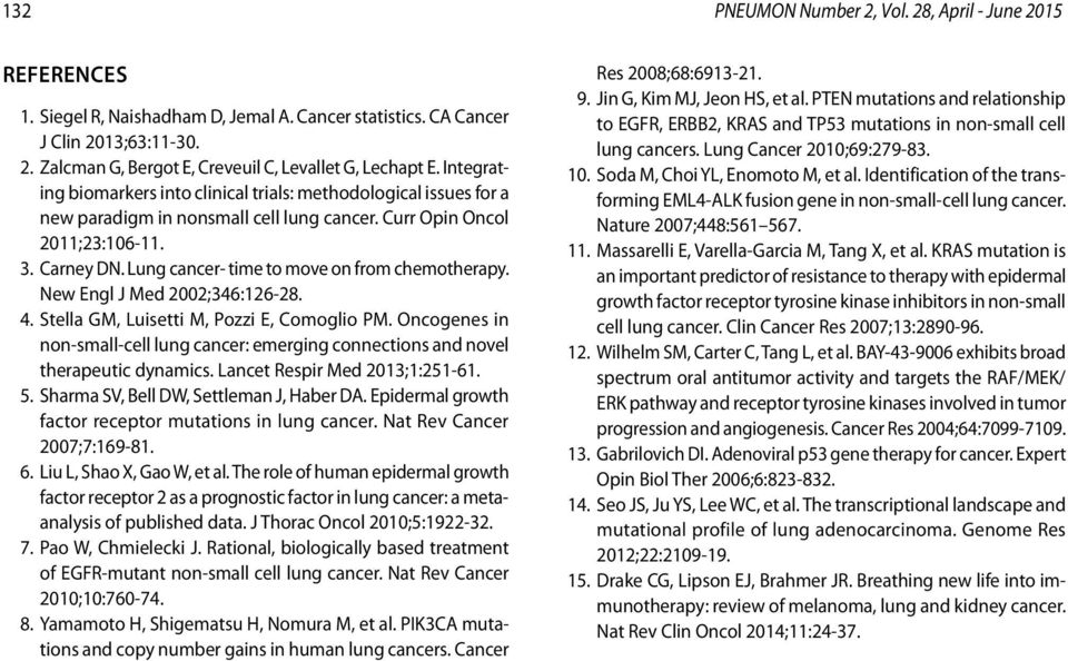 Lung cancer- time to move on from chemotherapy. New Engl J Med 2002;346:126-28. 4. Stella GM, Luisetti M, Pozzi E, Comoglio PM.