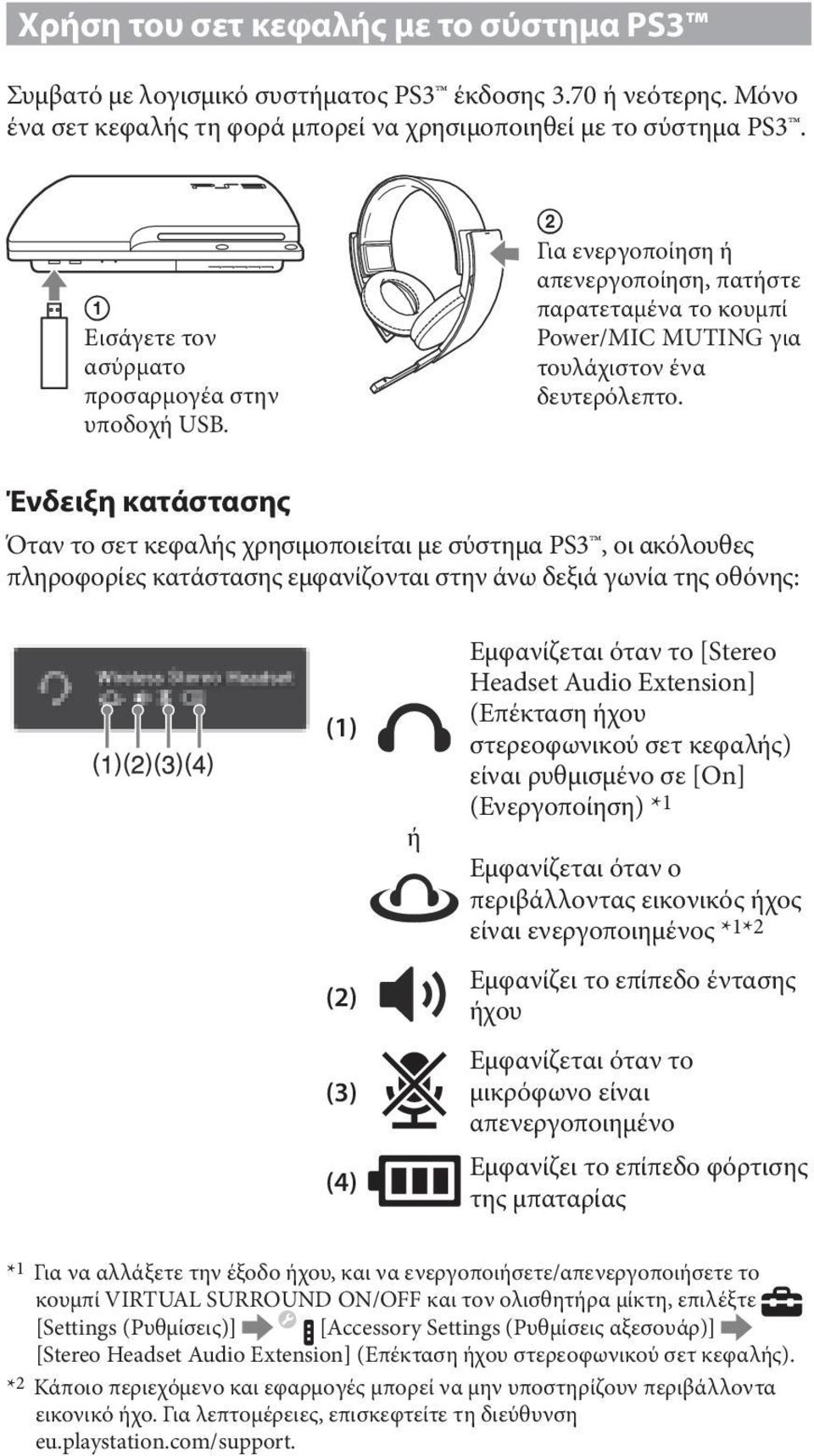 Ένδειξη κατάστασης Όταν το σετ κεφαλής χρησιμοποιείται με σύστημα PS3, οι ακόλουθες πληροφορίες κατάστασης εμφανίζονται στην άνω δεξιά γωνία της οθόνης: (1) (2) (3) (4) ή Εμφανίζεται όταν το [Stereo