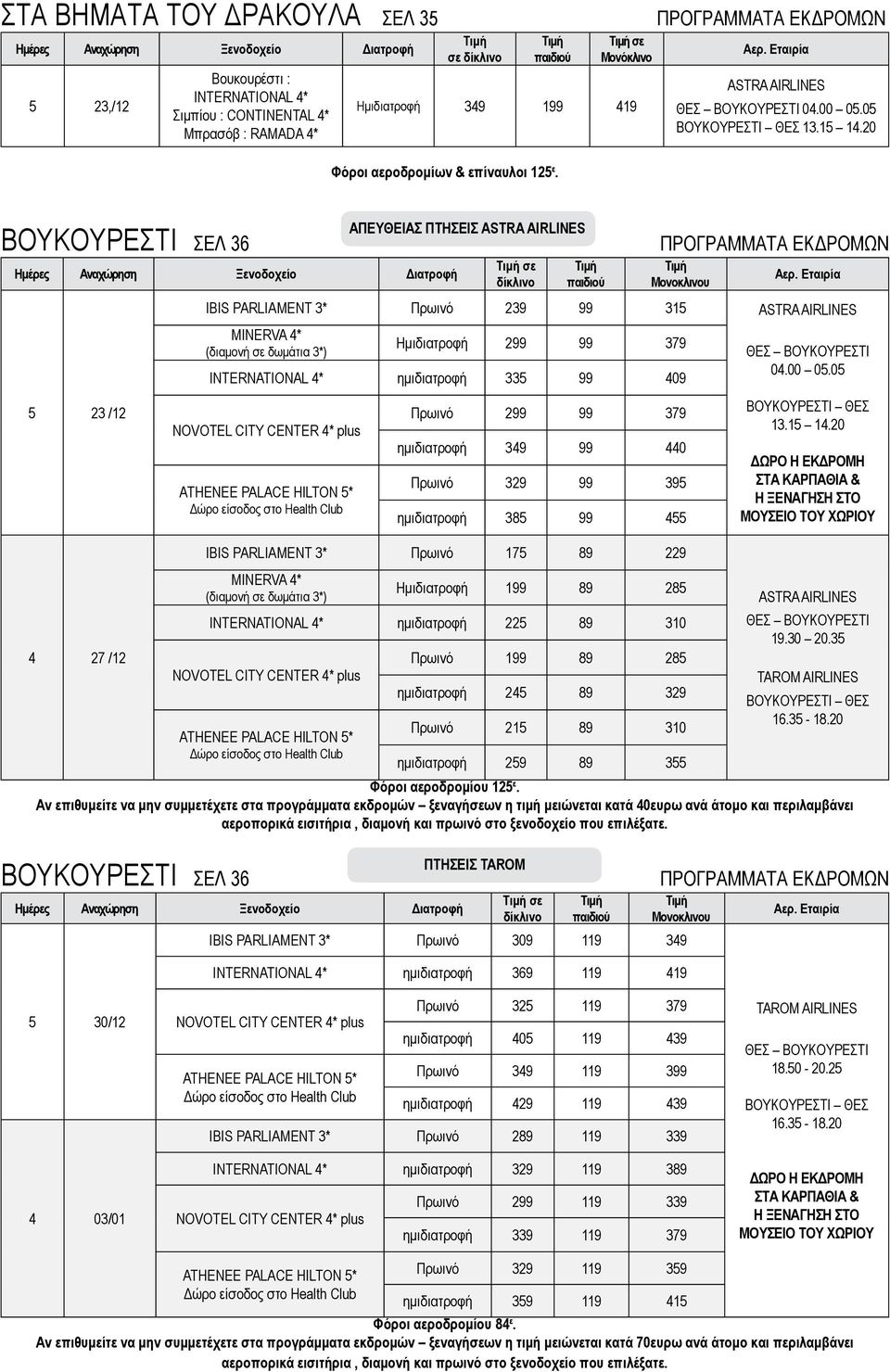 20 ΒΟΥΚΟΥΡΕΣΤΙ ΣΕΛ 36 Διατροφή 23 /12 27 /12 σε Tιμή Μονοκλινου IBIS PARLIAMENT 3 Πρωινό 239 99 31 MINERVA (διαμονή σε δωμάτια 3) Hμιδιατροφή 299 99 379 INTERNATIONAL ημιδιατροφή 33 99 09 NOVOTEL