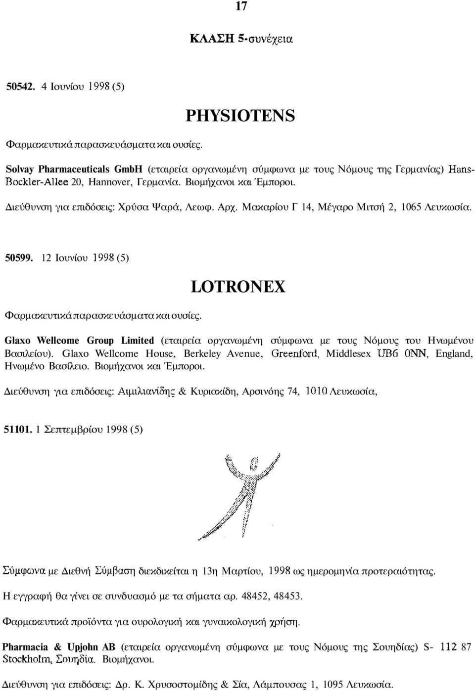 LOTRONEX Glaxo Wellcome Group Limited (εταιρεία οργανωµένη σύµφωνα µε τους Νόµους του Ηνωµένου Βασιλείου). Glaxo Wellcome House, Berkeley Avenue, Middlesex England, Ηνωµένο Βασίλειο.