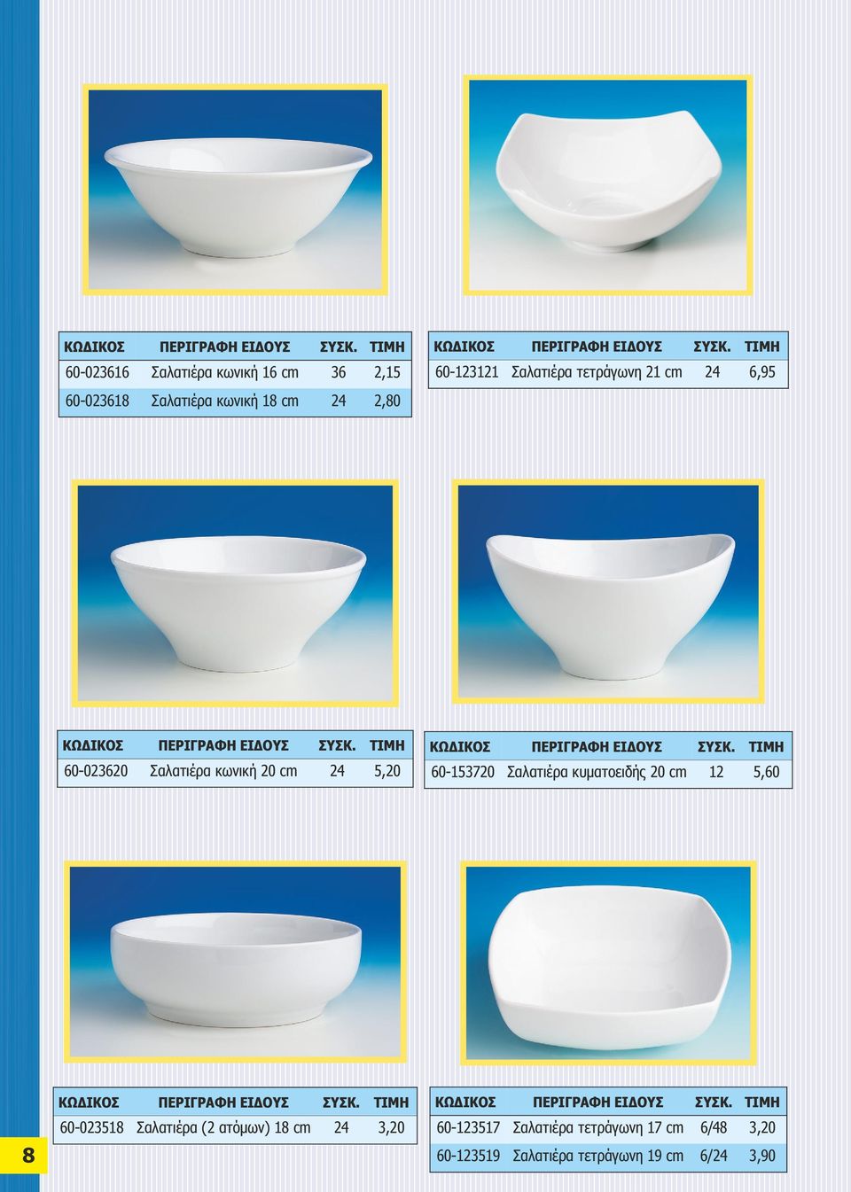 60-153720 Σαλατιέρα κυματοειδής 20 cm 12 5,60 8 60-023518 Σαλατιέρα (2 ατόμων) 18 cm 24