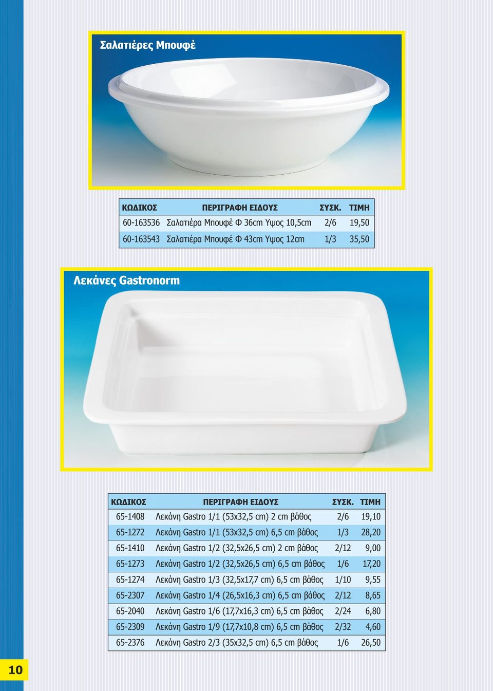 Gastro 1/2 (32,5x26,5 cm) 6,5 cm βάθος 1/6 17,20 65-1274 Λεκάνη Gastro 1/3 (32,5x17,7 cm) 6,5 cm βάθος 1/10 9,55 65-2307 Λεκάνη Gastro 1/4 (26,5x16,3 cm) 6,5 cm βάθος 2/12 8,65