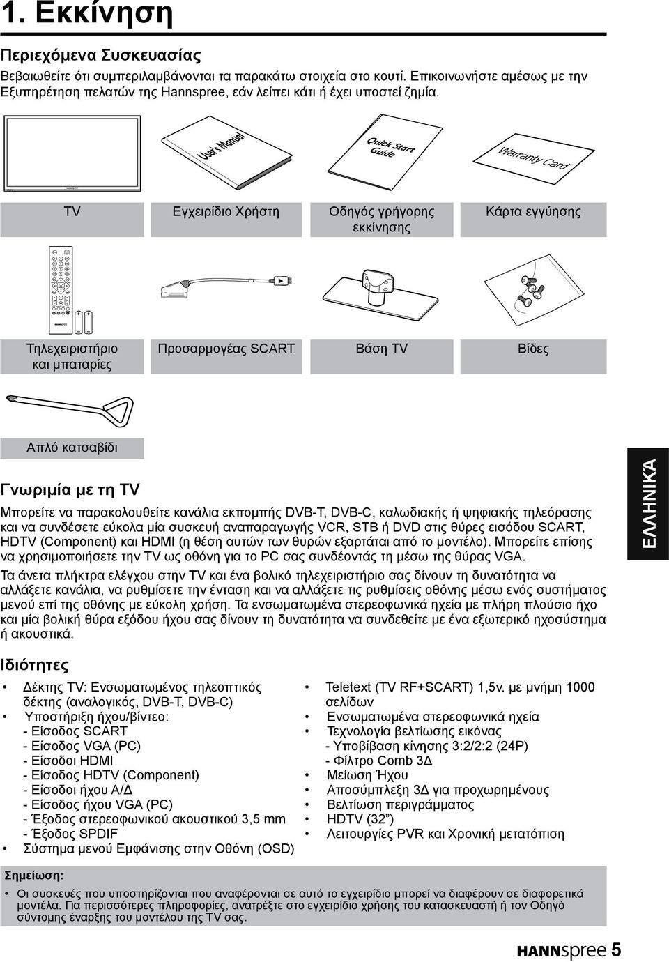 User's Manual Quick Start Guide Warranty Card TV Εγχειρίδιο Χρήστη Οδηγός γρήγορης εκκίνησης Κάρτα εγγύησης Τηλεχειριστήριο και μπαταρίες Προσαρμογέας SCART Βάση TV Βίδες Απλό κατσαβίδι Γνωριμία με