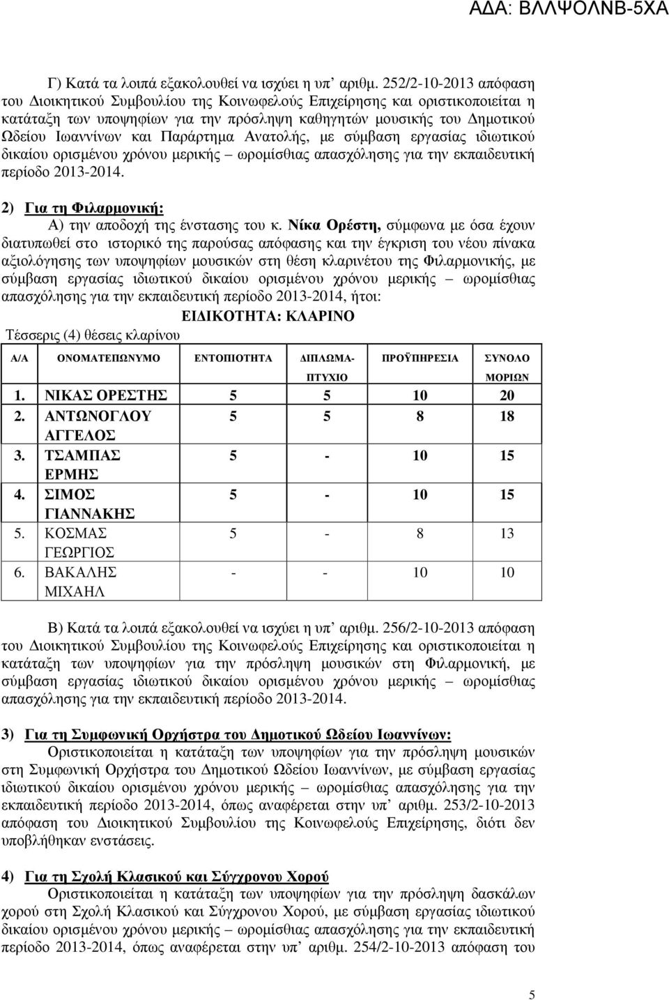 Παράρτηµα Ανατολής, µε σύµβαση εργασίας ιδιωτικού δικαίου ορισµένου χρόνου µερικής ωροµίσθιας απασχόλησης για την εκπαιδευτική περίοδο 2013-2014.