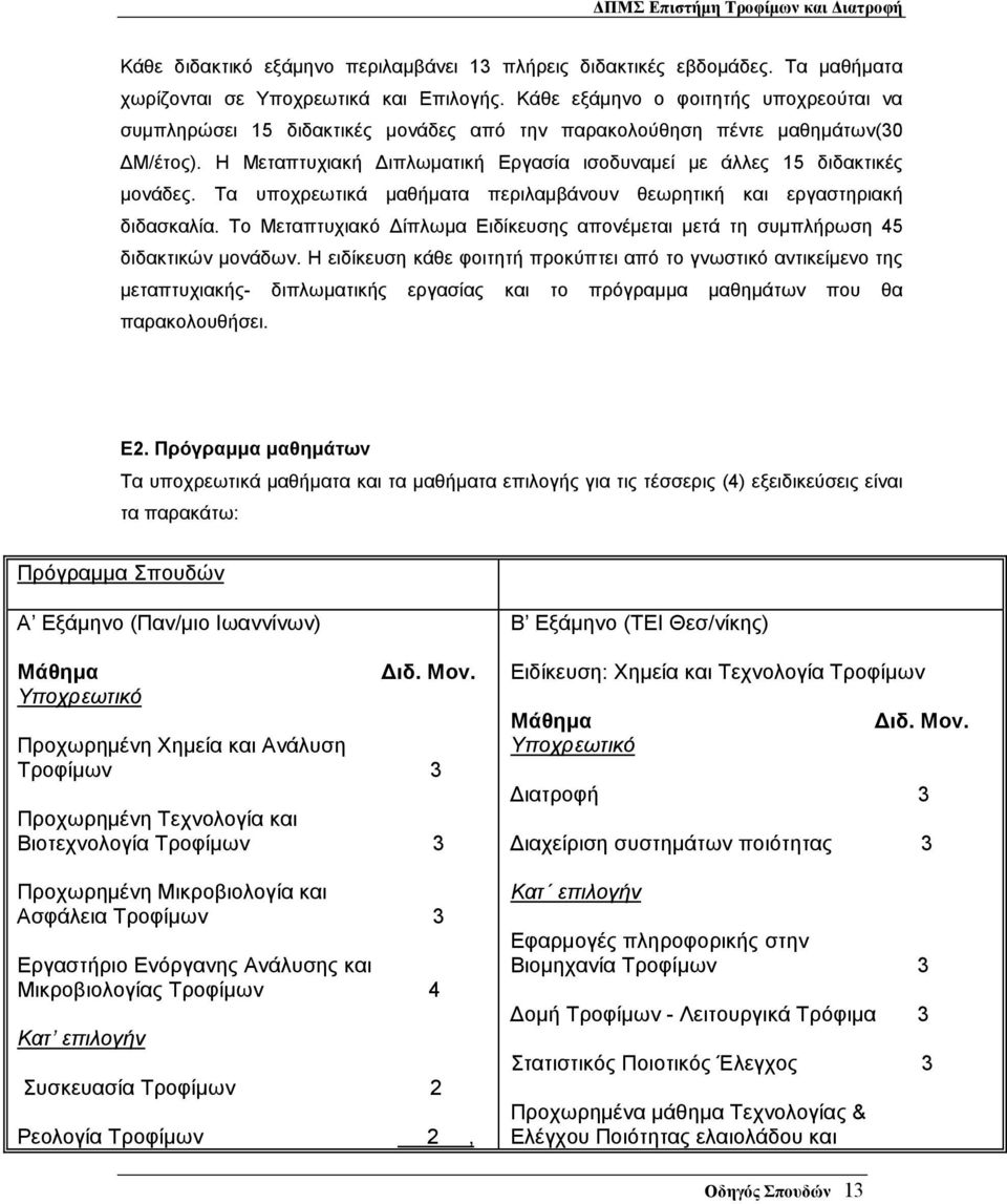 Τα υποχρεωτικά µαθήµατα περιλαµβάνουν θεωρητική και εργαστηριακή διδασκαλία. Το Μεταπτυχιακό ίπλωµα Ειδίκευσης απονέµεται µετά τη συµπλήρωση 45 διδακτικών µονάδων.