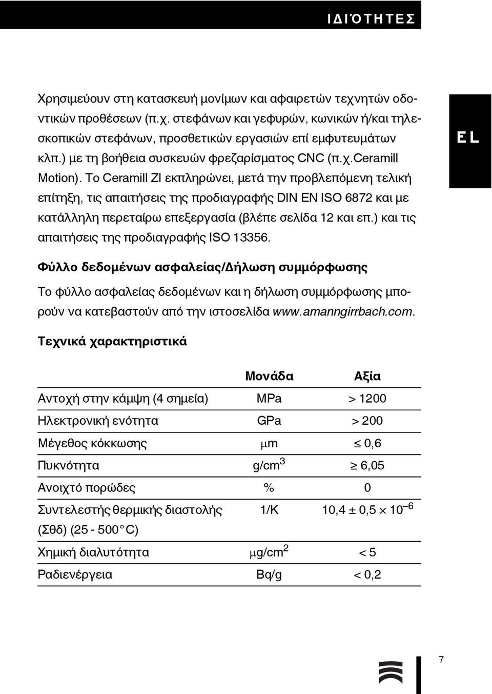 Το Ceramill ZI εκπληρώνει, μετά την προβλεπόμενη τελική επίτηξη, τις απαιτήσεις της προδιαγραφής DIN EN ISO 6872 και με κατάλληλη περεταίρω επεξεργασία (βλέπε σελίδα 12 και επ.