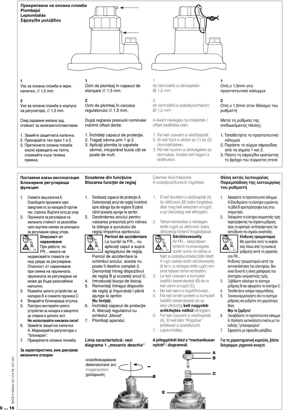 Az ólomzárfül a szabályozóházon:,5 mm Οπή ø,5mm στον θάλαμο του ρυθμιστή След задаване желана зад.