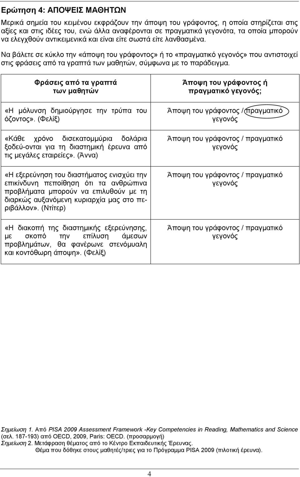 Να βάιεηε ζε θύθιν ηελ «άπνςε ηνπ γξάθνληνο» ή ην «πξαγκαηηθό γεγνλόο» πνπ αληηζηνηρεί ζηηο θξάζεηο από ηα γξαπηά ησλ καζεηώλ, ζύκθσλα κε ην παξάδεηγκα.