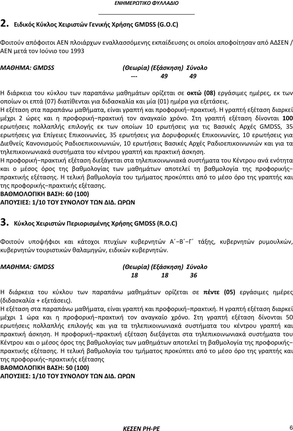 των παραπάνω μαθημάτων ορίζεται σε οκτώ (08) εργάσιμες ημέρες, εκ των οποίων οι επτά (07) διατίθενται για διδασκαλία και μία (01) ημέρα για εξετάσεις.