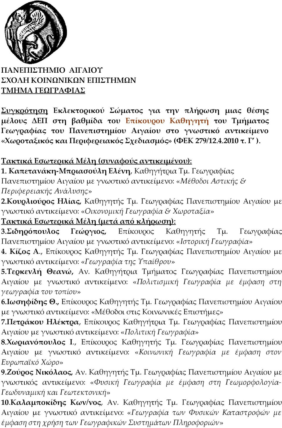 Καπετανάκη-Μπριασούλη Ελένη, Καθηγήτρια Τμ. Γεωγραφίας Πανεπιστημίου Αιγαίου με γνωστικό αντικείμενο: «Μέθοδοι Αστικής & Περιφερειακής Ανάλυσης» 2.Κουρλιούρος Ηλίας, Καθηγητής Τμ.