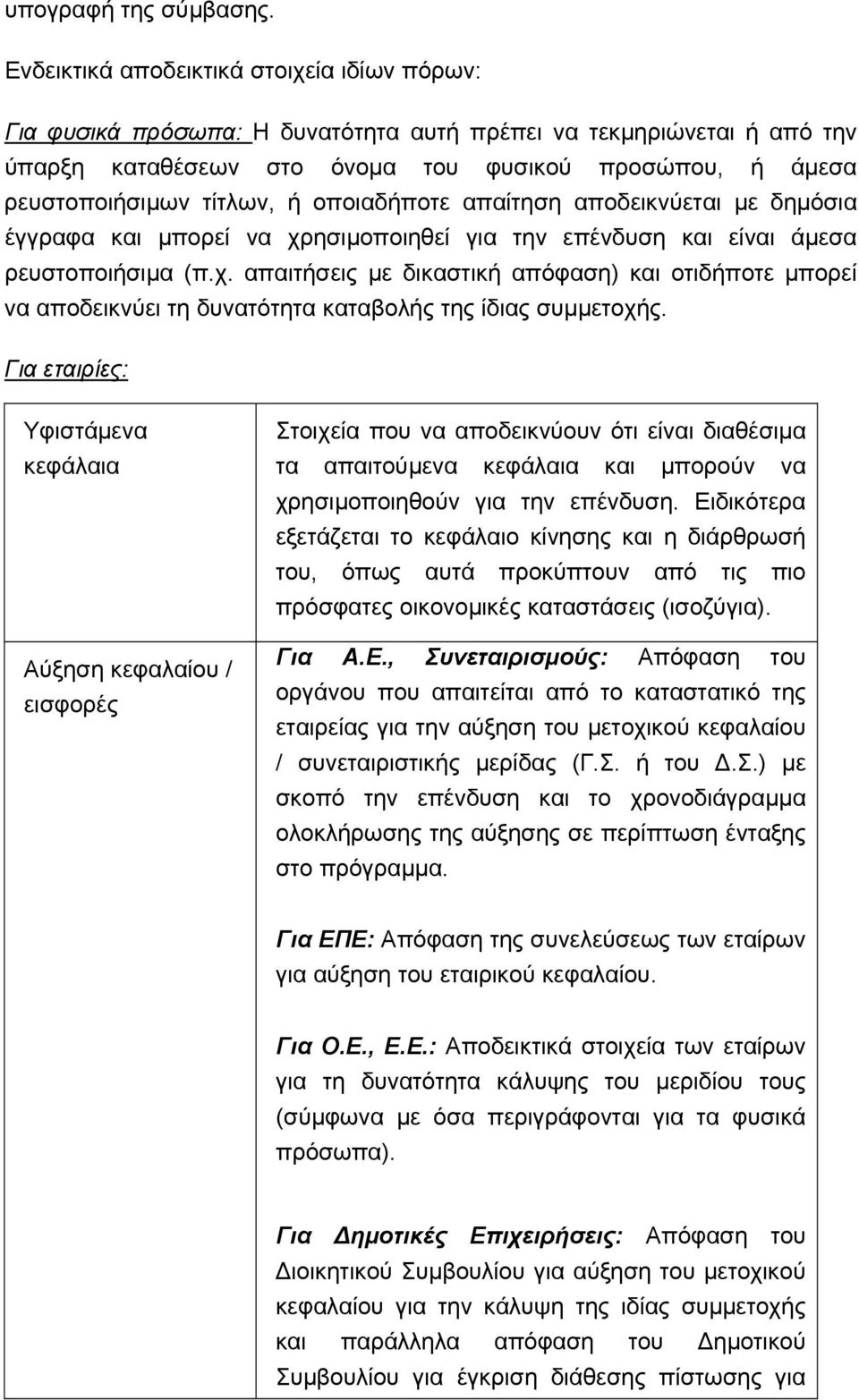 ή οποιαδήποτε απαίτηση αποδεικνύεται µε δηµόσια έγγραφα και µπορεί να χρησιµοποιηθεί για την επένδυση και είναι άµεσα ρευστοποιήσιµα (π.χ. απαιτήσεις µε δικαστική απόφαση) και οτιδήποτε µπορεί να αποδεικνύει τη δυνατότητα καταβολής της ίδιας συµµετοχής.