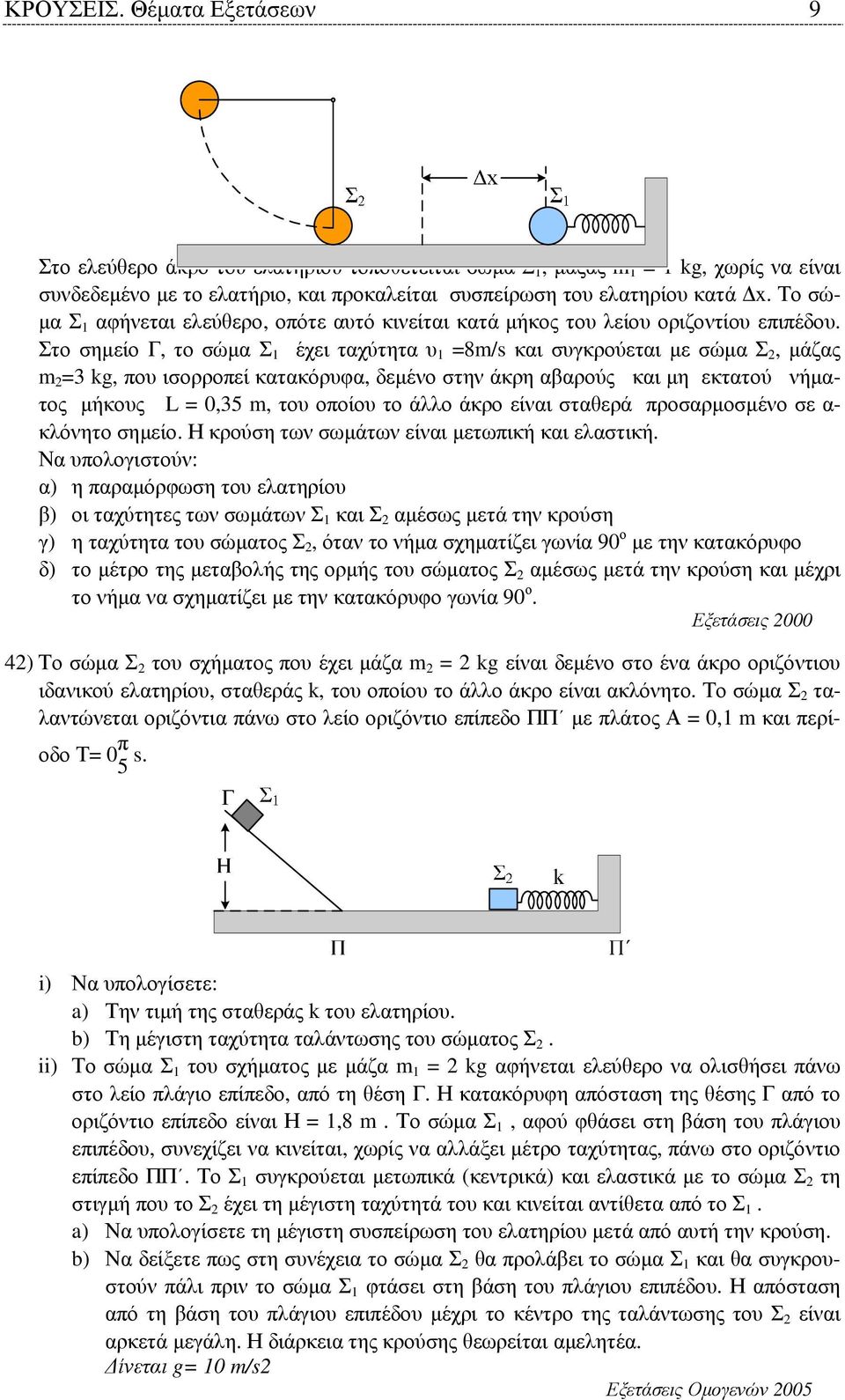 Στο σηµείο Γ, το σώµα Σ 1 έχει ταχύτητα υ 1 =8/s και συγκρούεται µε σώµα Σ, µάζας =3 kg, που ισορροπεί κατακόρυφα, δεµένο στην άκρη αβαρούς και µη εκτατού νήµατος µήκους L = 0,35, του οποίου το άλλο