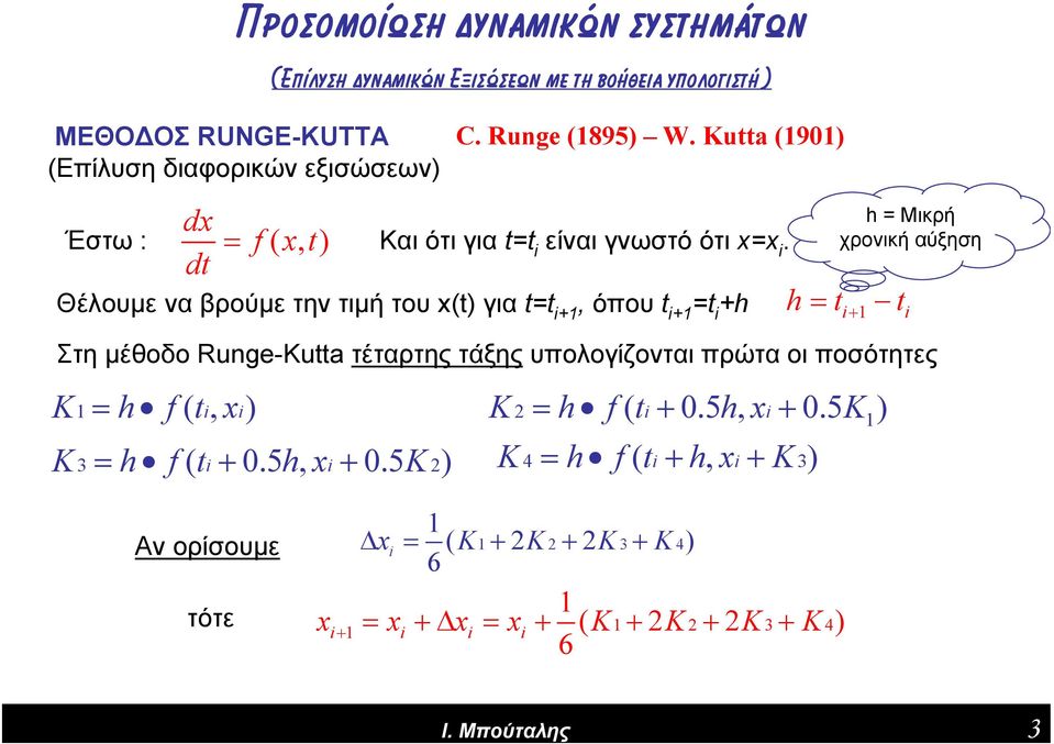 h = t t Θέλουμε να βρούμε την τιμή του x(t) για t=t i+1, όπου t i+1 =t i +h i+ 1 h = Μικρή χρονική αύξηση Στη μέθοδο Runge-Kutta τέταρτης τάξης υπολογίζονται