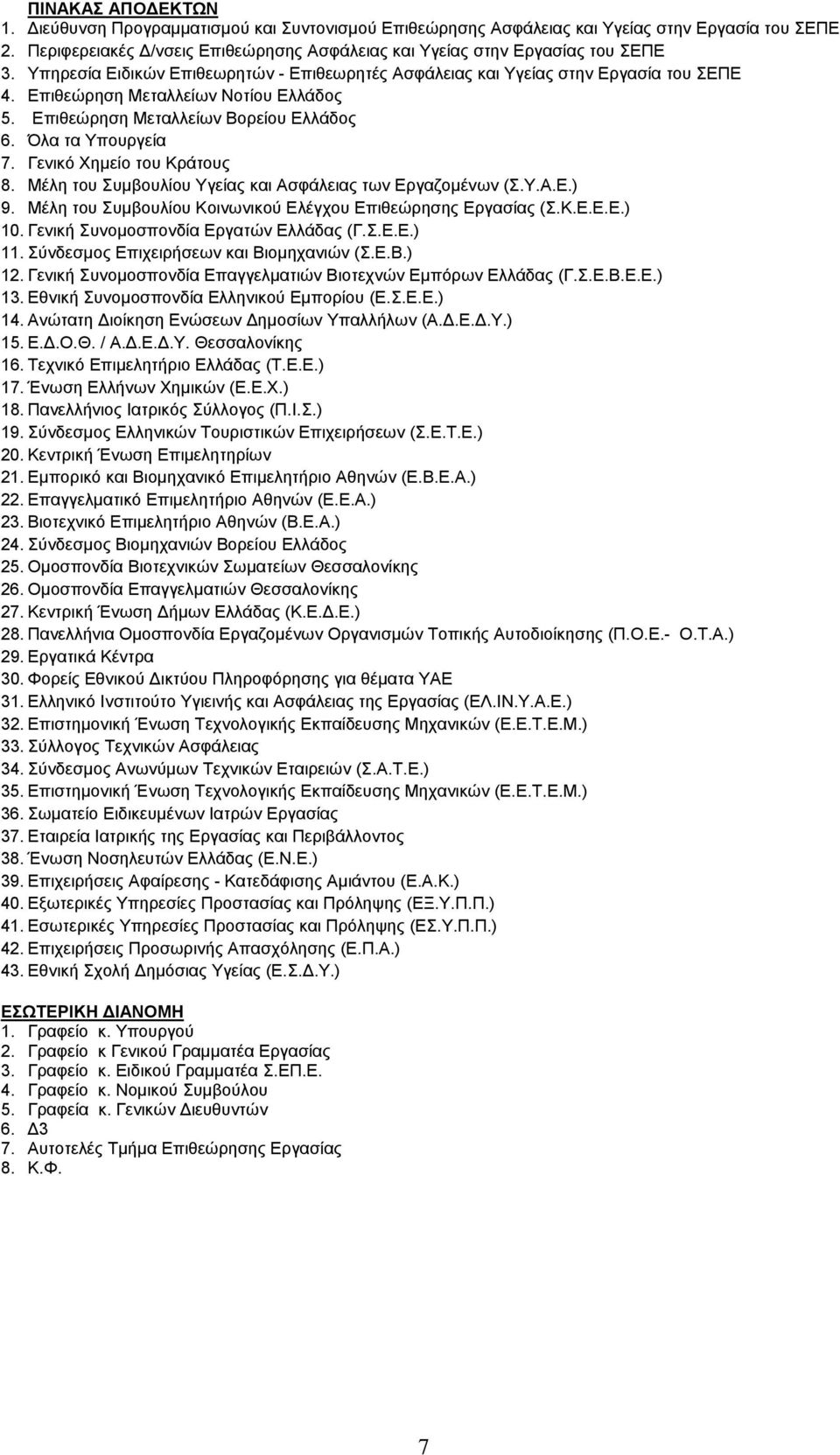 Γενικό Χημείο του Κράτους 8. Μέλη του Συμβουλίου Υγείας και Ασφάλειας των Εργαζομένων (Σ.Υ.Α.Ε.) 9. Μέλη του Συμβουλίου Κοινωνικού Ελέγχου Επιθεώρησης Εργασίας (Σ.Κ.Ε.Ε.Ε.) 10.