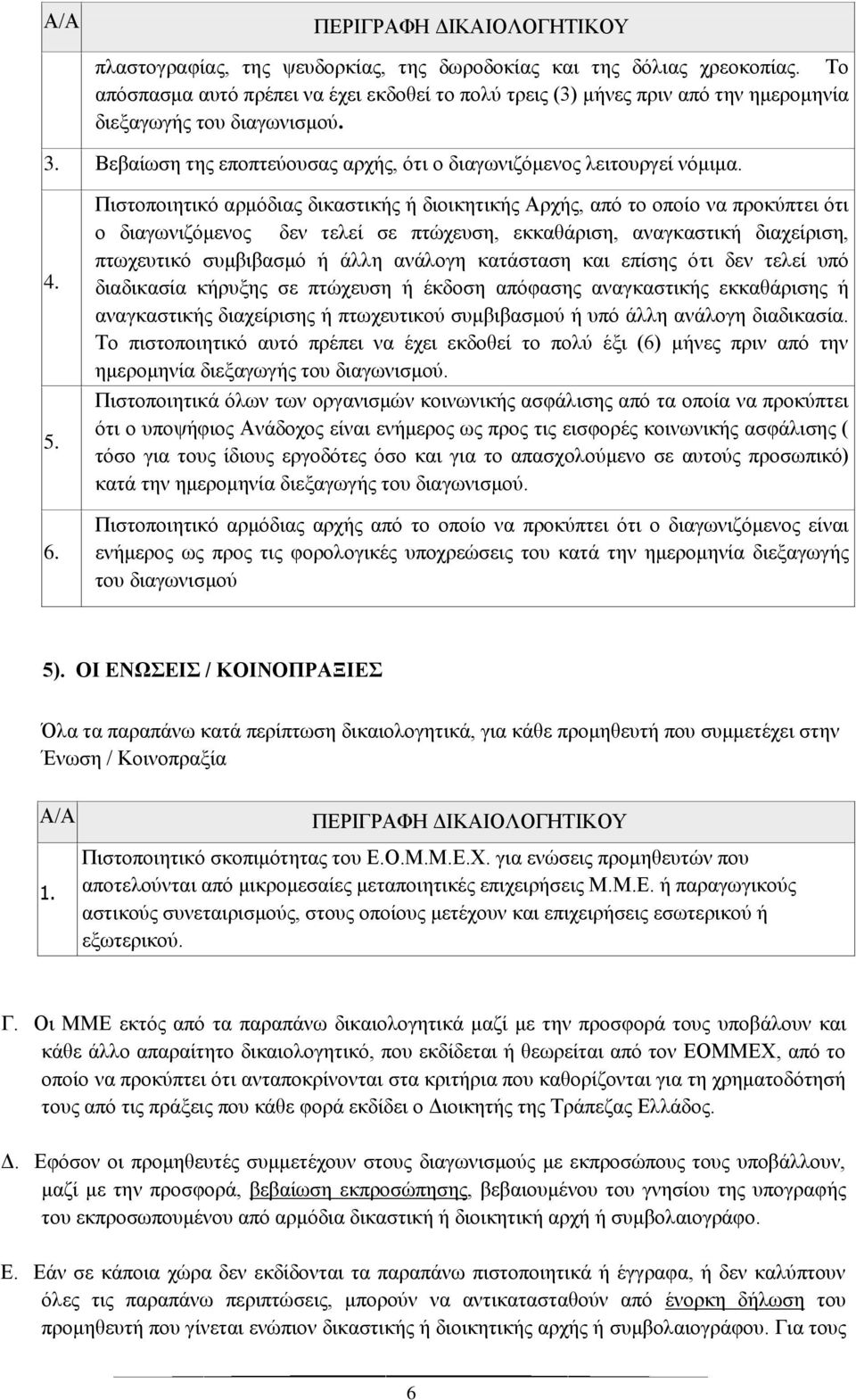 6. Πιστοποιητικό αρμόδιας δικαστικής ή διοικητικής Αρχής, από το οποίο να προκύπτει ότι ο διαγωνιζόμενος δεν τελεί σε πτώχευση, εκκαθάριση, αναγκαστική διαχείριση, πτωχευτικό συμβιβασμό ή άλλη