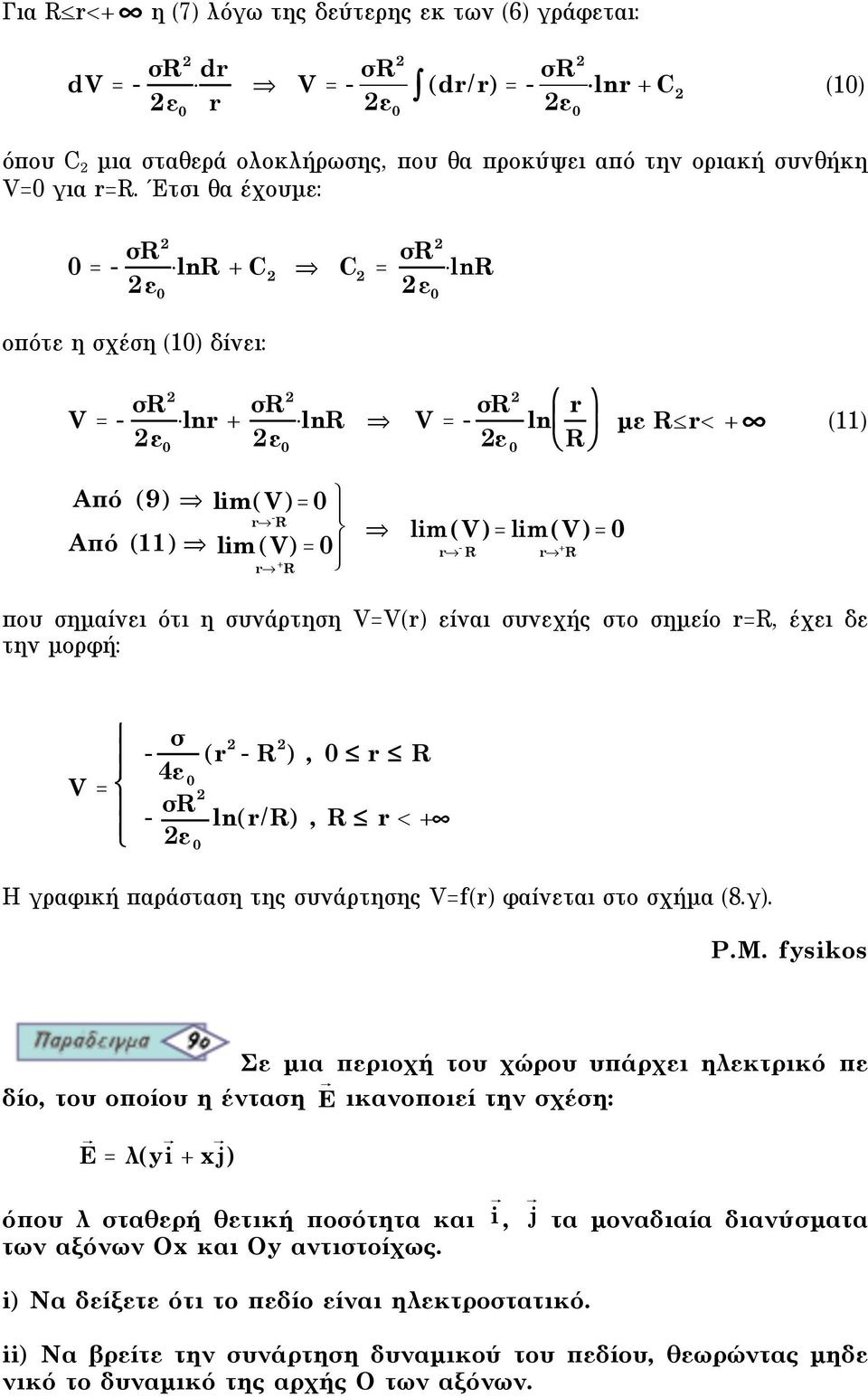 &% r" + R lim(v)= lim(v)= r - R r + R που σηµαίνει ότι η συνάρτηση V=V(r) είναι συνεχής στο σηµείο r=r, έχει δε την µορφή: # % V = $ % & % - 4" (r 2 - R 2 ), r R - R2 2" ln(r/r), R r < +" H γραφική