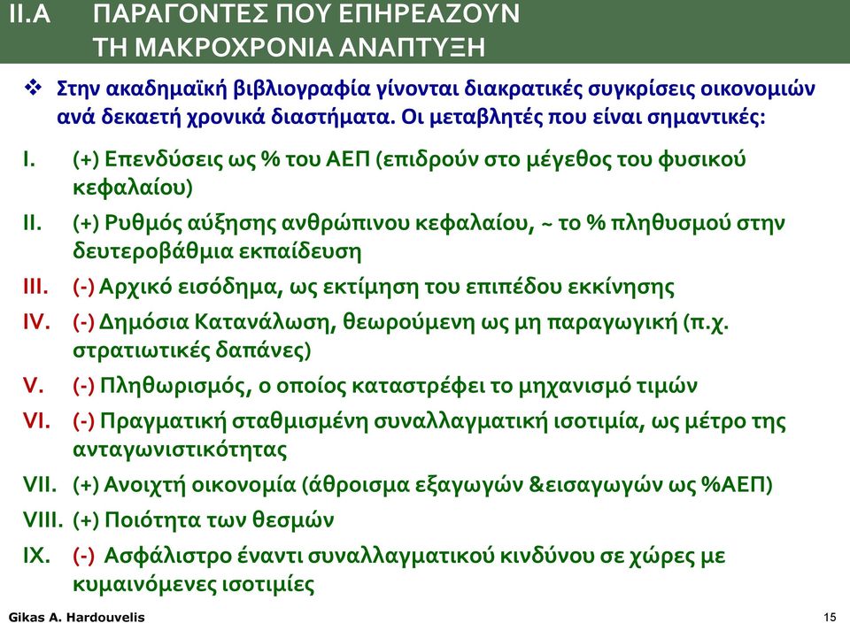 (+) Ρυθμός αύξησης ανθρώπινου κεφαλαίου, ~ το % πληθυσμού στην δευτεροβάθμια εκπαίδευση (-) Αρχικό εισόδημα, ως εκτίμηση του επιπέδου εκκίνησης (-) Δημόσια Κατανάλωση, θεωρούμενη ως μη παραγωγική (π.