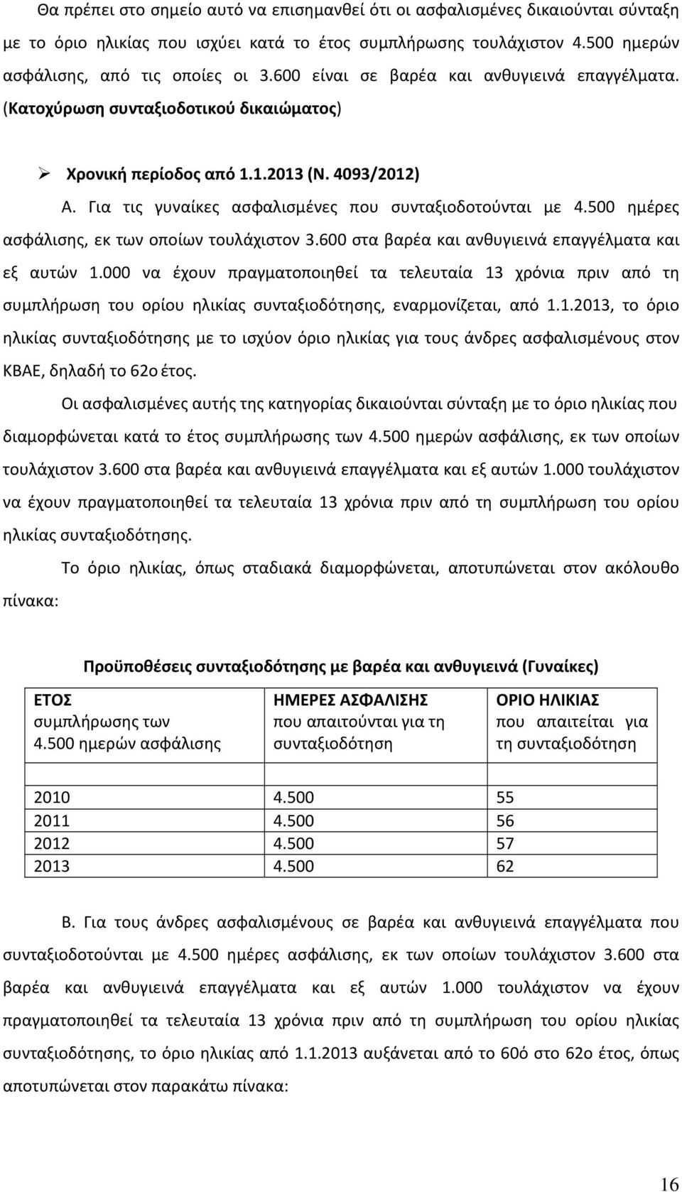 500 ημέρες ασφάλισης, εκ των οποίων τουλάχιστον 3.600 στα βαρέα και ανθυγιεινά επαγγέλματα και εξ αυτών 1.