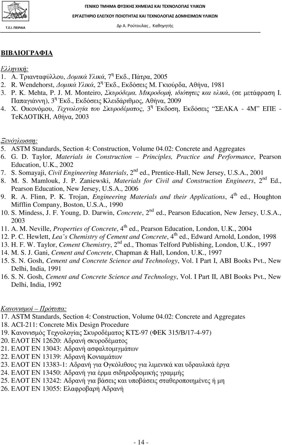 Οικονόµου, Τεχνολογία του Σκυροδέµατος, 3 η Έκδοση, Εκδόσεις ΣΕΛΚΑ - 4Μ ΕΠΕ - ΤeΚ ΟΤΙΚΗ, Αθήνα, 2003 Ξενόγλωσση: 5. ASTM Standards, Section 4: Construction, Volume 04.02: Concrete and Aggregates 6. G.