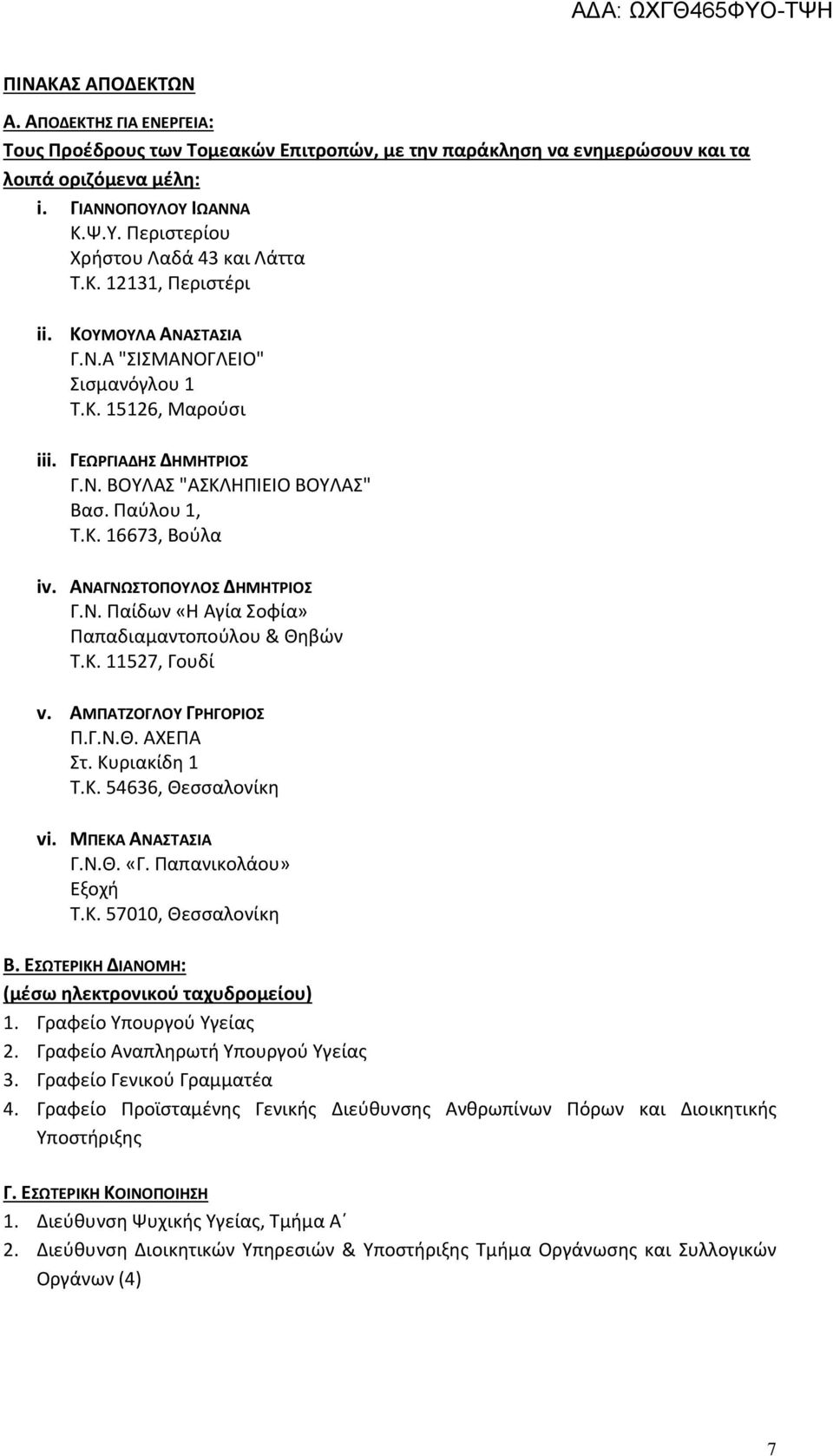 ΑΝΑΓΝΩΣΤΟΠΟΥΛΟΣ ΔΗΜΗΤΡΙΟΣ Γ.Ν. Παίδων «Η Αγία Σοφία» Παπαδιαμαντοπούλου & Θηβών Τ.Κ. 11527, Γουδί v. ΑΜΠΑΤΖΟΓΛΟΥ ΓΡΗΓΟΡΙΟΣ Π.Γ.Ν.Θ. ΑΧΕΠΑ Στ. Κυριακίδη 1 Τ.Κ. 54636, Θεσσαλονίκη vi. ΜΠΕΚΑ ΑΝΑΣΤΑΣΙΑ Γ.