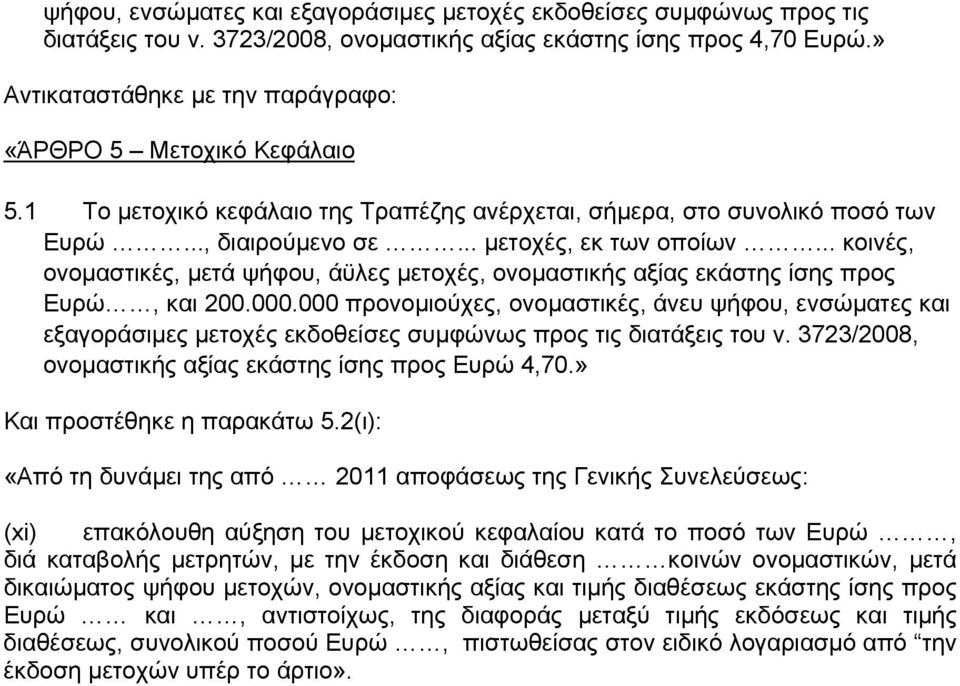 000 προνομιούχες, ονομαστικές, άνευ ψήφου, ενσώματες και εξαγοράσιμες μετοχές εκδοθείσες συμφώνως προς τις διατάξεις του ν. 3723/2008, ονομαστικής αξίας εκάστης ίσης προς Ευρώ 4,70.