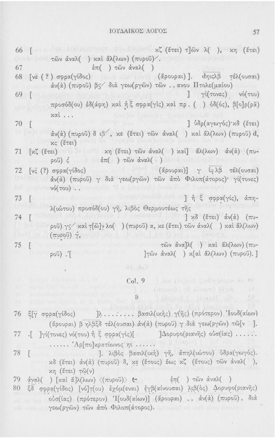 .. ) όδ(ός), β[ο]ρ(ρα) 70 Γ ] ύδρ(αγωγός)"κδ (ετει) άν(ά) (πυροϋ) δ ιβ 7 ', κε (ετει) των άναλ( ) καί άλ(λων) (πυροϋ) d, κς (ετει) 71 [κζ (ετει) κη (ετει) των άναλ( ) καί] άλ(λων) άν(ά) (πυροϋ) ς έπ(