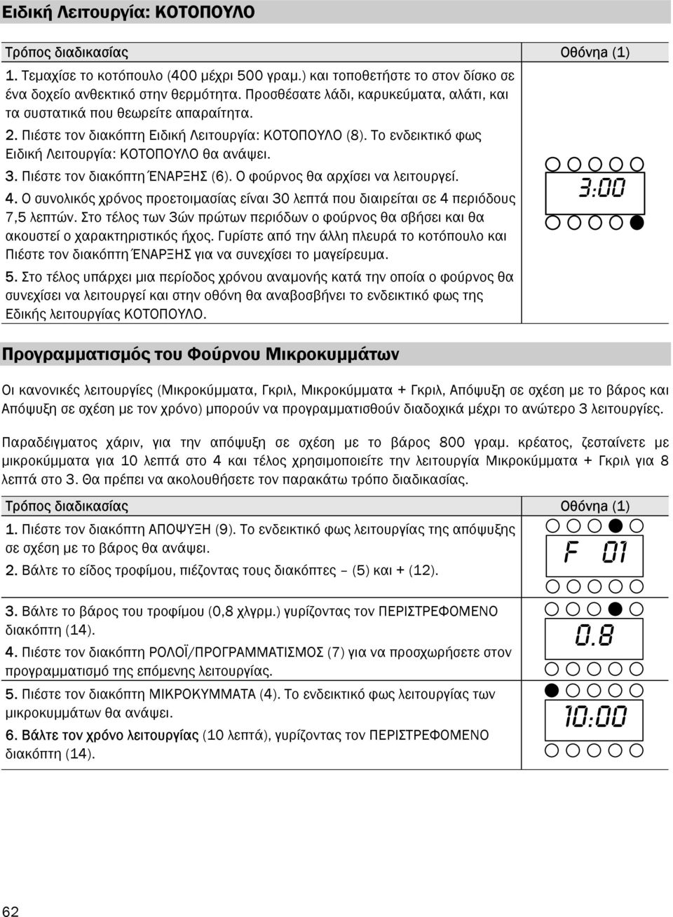 Πιέστε τον διακόπτη ΈΝΑΡΞΗΣ (6). Ο φούρνος θα αρχίσει να λειτουργεί. 4. Ο συνολικός χρόνος προετοιµασίας είναι 30 λεπτά που διαιρείται σε 4 περιόδους 7,5 λεπτών.