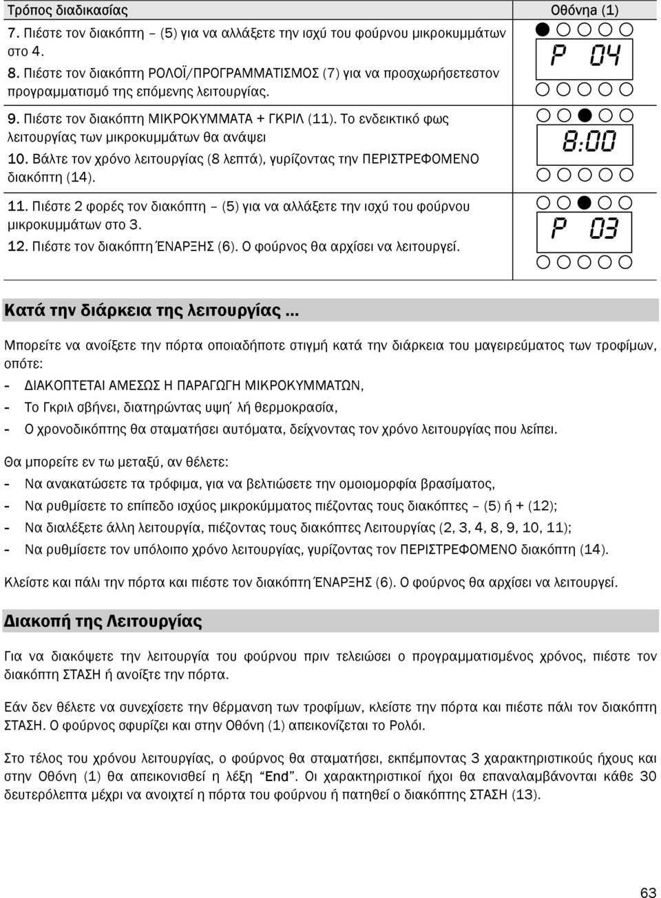 Το ενδεικτικό φως λειτουργίας των µικροκυµµάτων θα ανάψει 10. Βάλτε τον χρόνο λειτουργίας (8 λεπτά), γυρίζοντας την ΠΕΡΙΣΤΡΕΦΟΜΕΝΟ διακόπτη (14). 8:00 11.