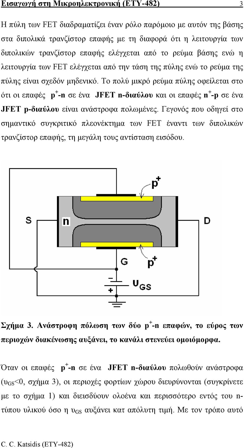 Το πολύ µικρό ρεύµα πύλης οφείλεται στο ότι οι επαφές p + -n σε ένα JFET n-διαύλου και οι επαφές n + -p σε ένα JFET p-διαύλου είναι ανάστροφα πολωµένες.