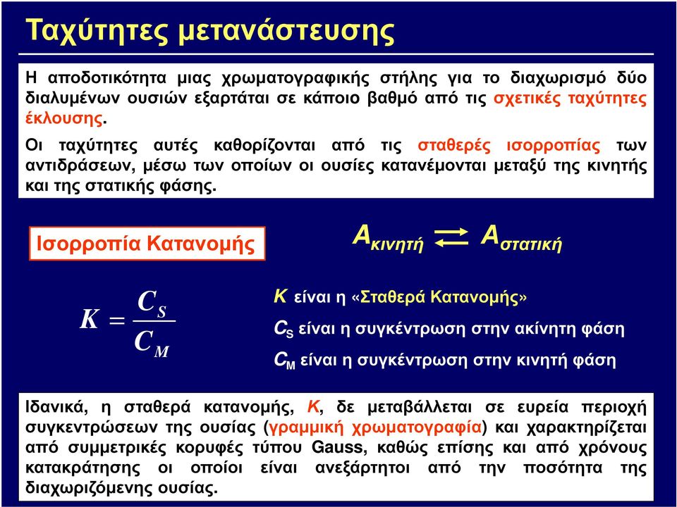 Ισορροπία Κατανοµής A κινητή Α στατική K C C S M K είναι η «Σταθερά Κατανοµής» C S είναι η συγκέντρωση στην ακίνητη φάση C M είναι η συγκέντρωση στην κινητή φάση Ιδανικά, η σταθερά κατανοµής, Κ,