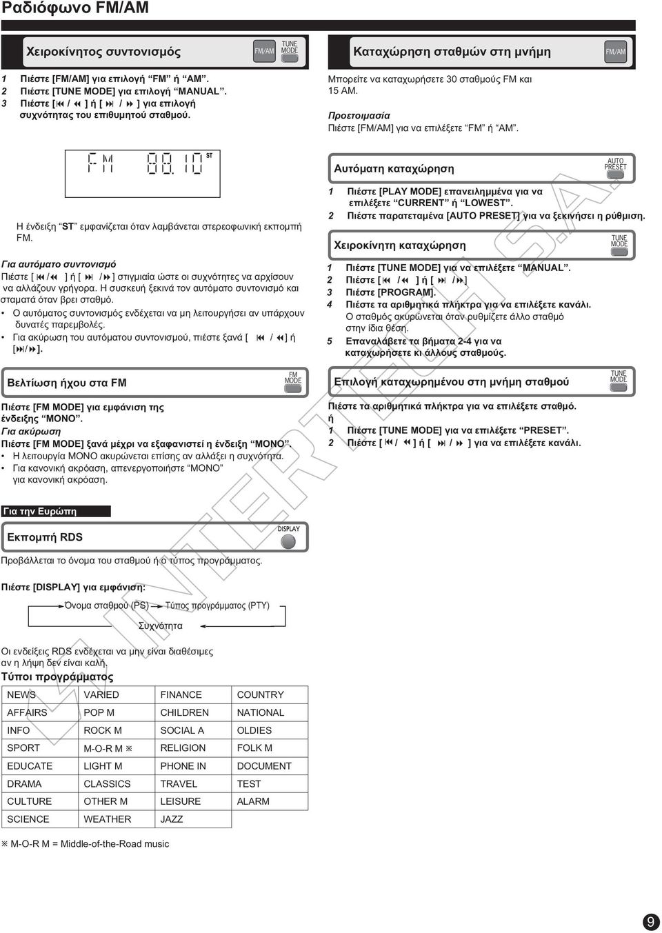 Αυτόματη καταχώρηση AUTO PRESET Η ένδειξη ST εμφανίζεται όταν λαμβάνεται στερεοφωνική εκπομπή FM.