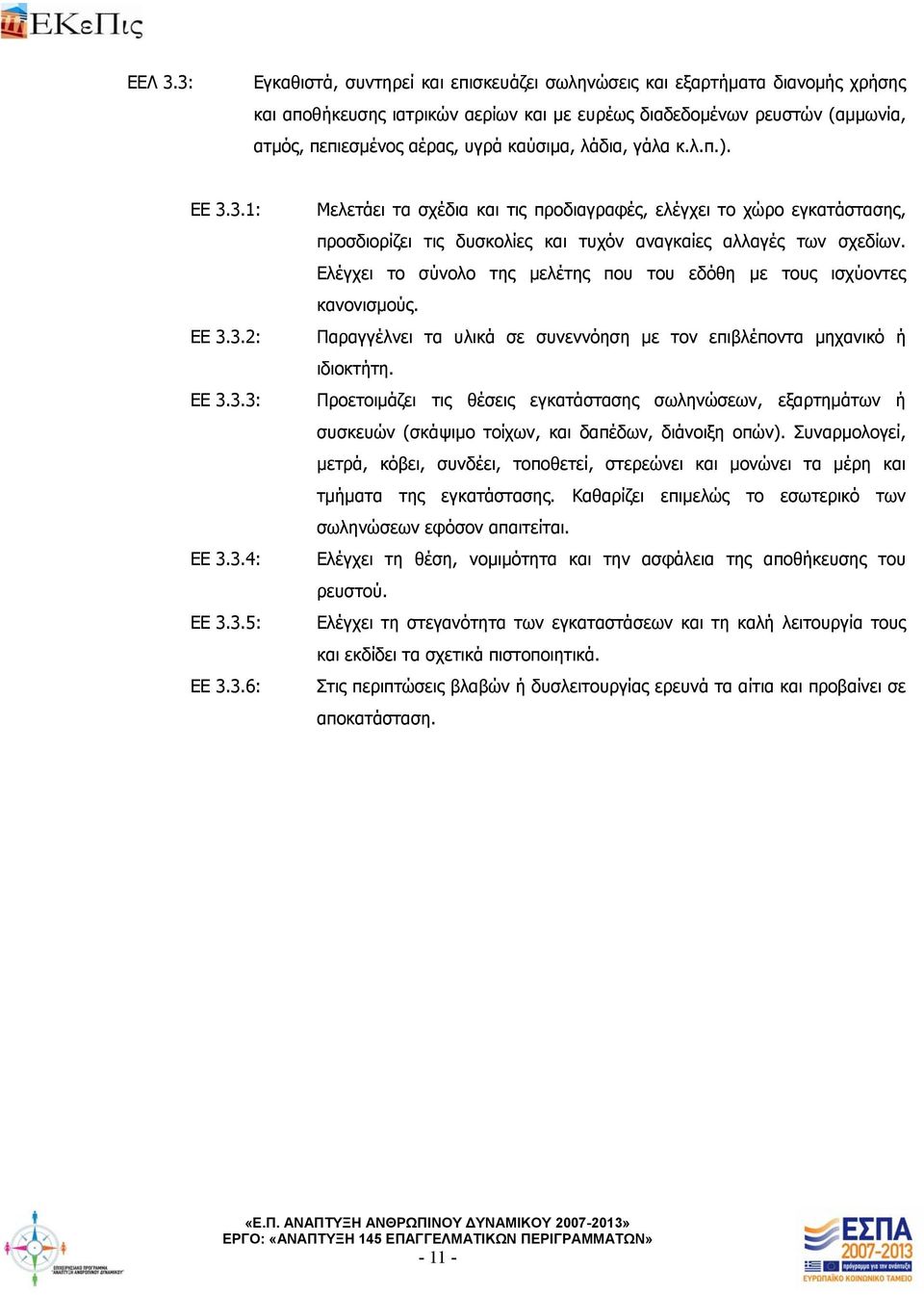 λάδια, γάλα κ.λ.π.). ΕΕ 3.3.1: ΕΕ 3.3.2: ΕΕ 3.3.3: ΕΕ 3.3.4: ΕΕ 3.3.5: ΕΕ 3.3.6: Μελετάει τα σχέδια και τις προδιαγραφές, ελέγχει το χώρο εγκατάστασης, προσδιορίζει τις δυσκολίες και τυχόν αναγκαίες αλλαγές των σχεδίων.