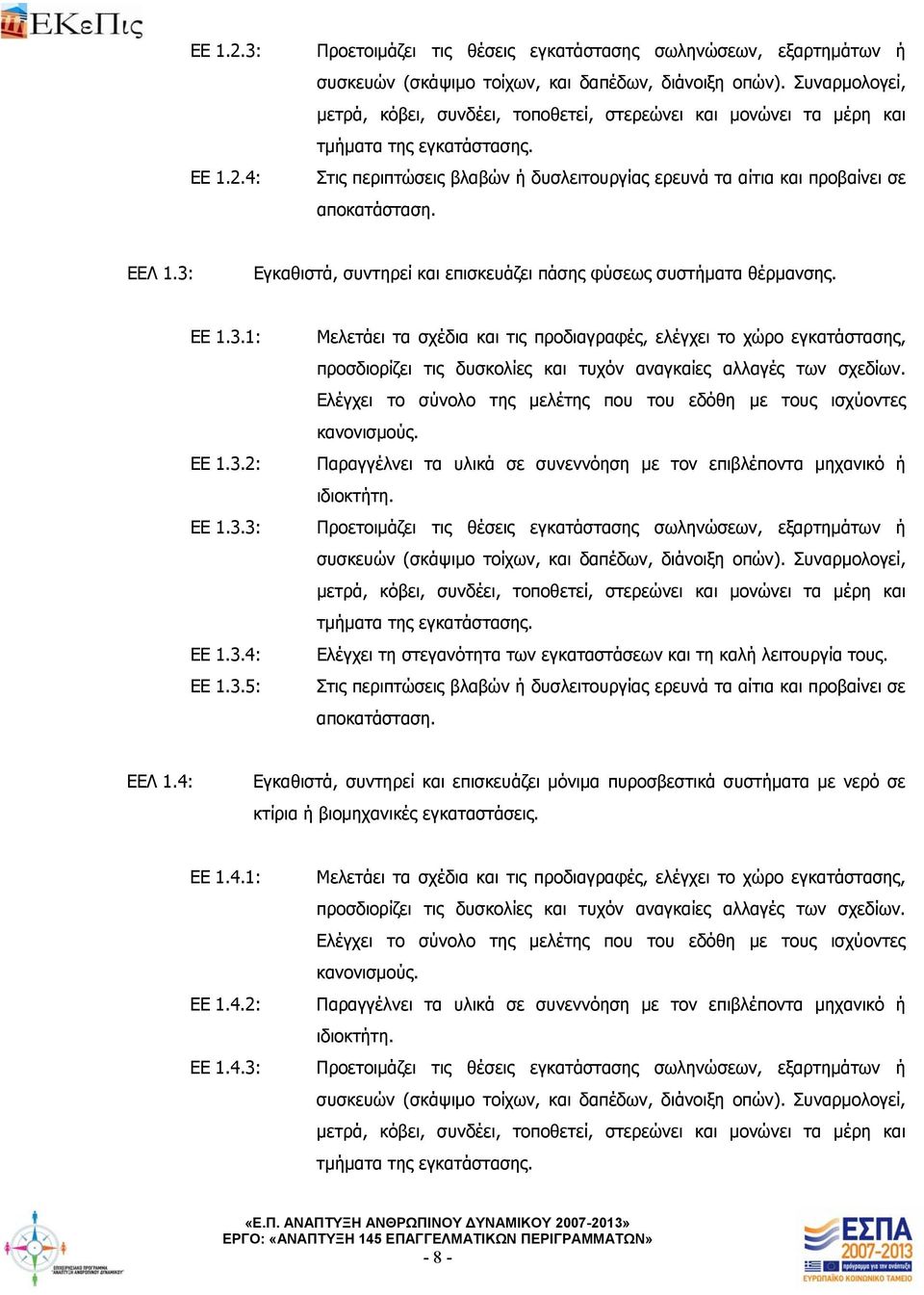 ΕΕΛ 1.3: Εγκαθιστά, συντηρεί και επισκευάζει πάσης φύσεως συστήματα θέρμανσης. ΕΕ 1.3.1: ΕΕ 1.3.2: ΕΕ 1.3.3: ΕΕ 1.3.4: ΕΕ 1.3.5: Μελετάει τα σχέδια και τις προδιαγραφές, ελέγχει το χώρο εγκατάστασης, προσδιορίζει τις δυσκολίες και τυχόν αναγκαίες αλλαγές των σχεδίων.