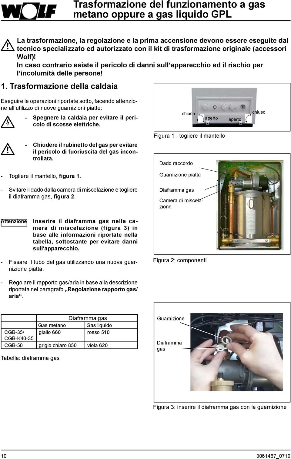 Trasformazione della caldaia Eseguire le operazioni riportate sotto, facendo attenzione all utilizzo di nuove guarnizioni piatte: - Spegnere la caldaia per evitare il pericolo di scosse elettriche.